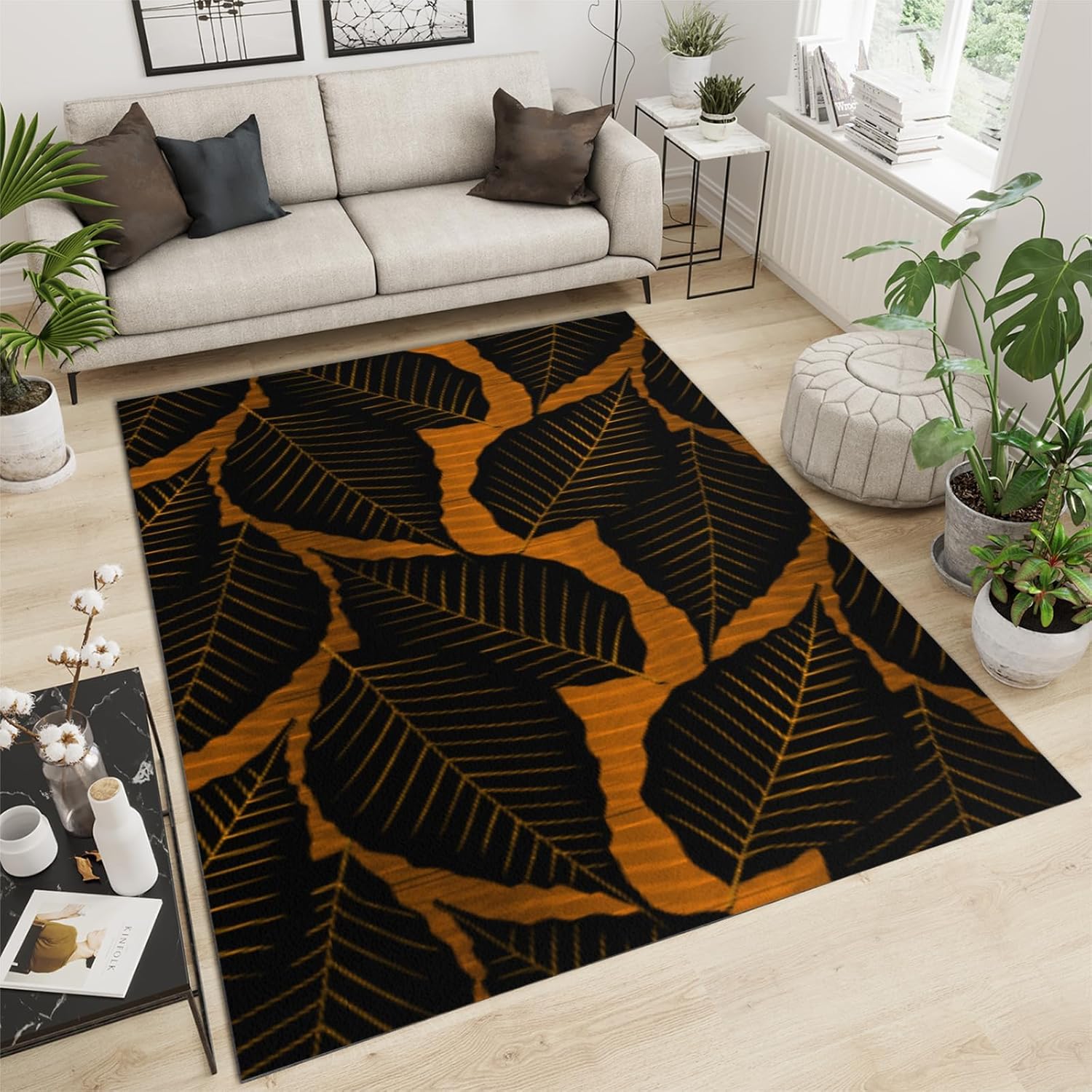 Brown Simple Leaf Texture Area Rug, Golden Leaves Texture Soft Washable Rug, Anti-Slip Backing Decorative Rug for Living Room Bedroom Kitchen Dining Room Home Rug Laundry Room Rug 2ftx3ft