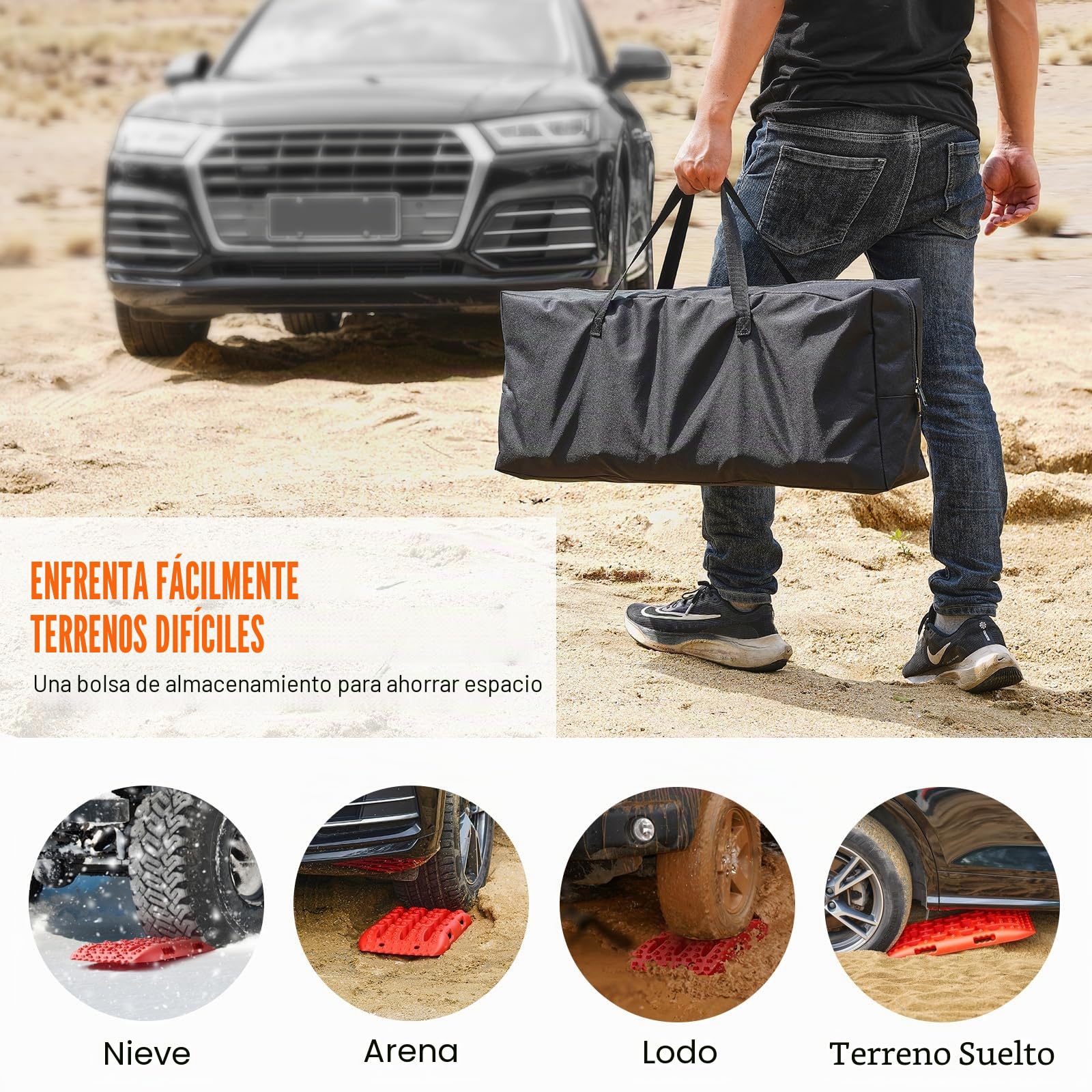 VEVOR Placa de Aterrizaje de PP 10 T Estera de Tracción para Todoterreno/Coche/Pick-up/SUV/RV Tabla de Recuperación de Arena y Lodo de Nieve Bolsa de Almacenamiento, Corta, Roja, 2 Piezas