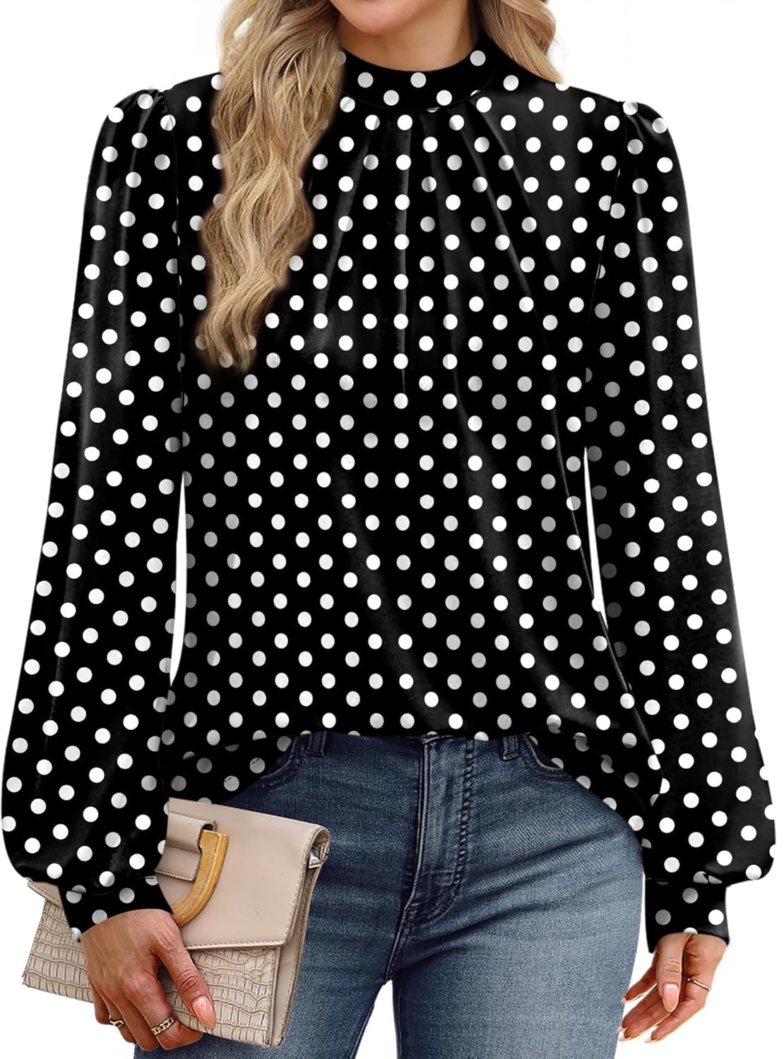 WIHOLL Long Sleeve Shirts for Women Mock Neck Tops Pleated Front Blouses Dressy Casual Spring Fall Clothes 2026 Fashion - Image 3