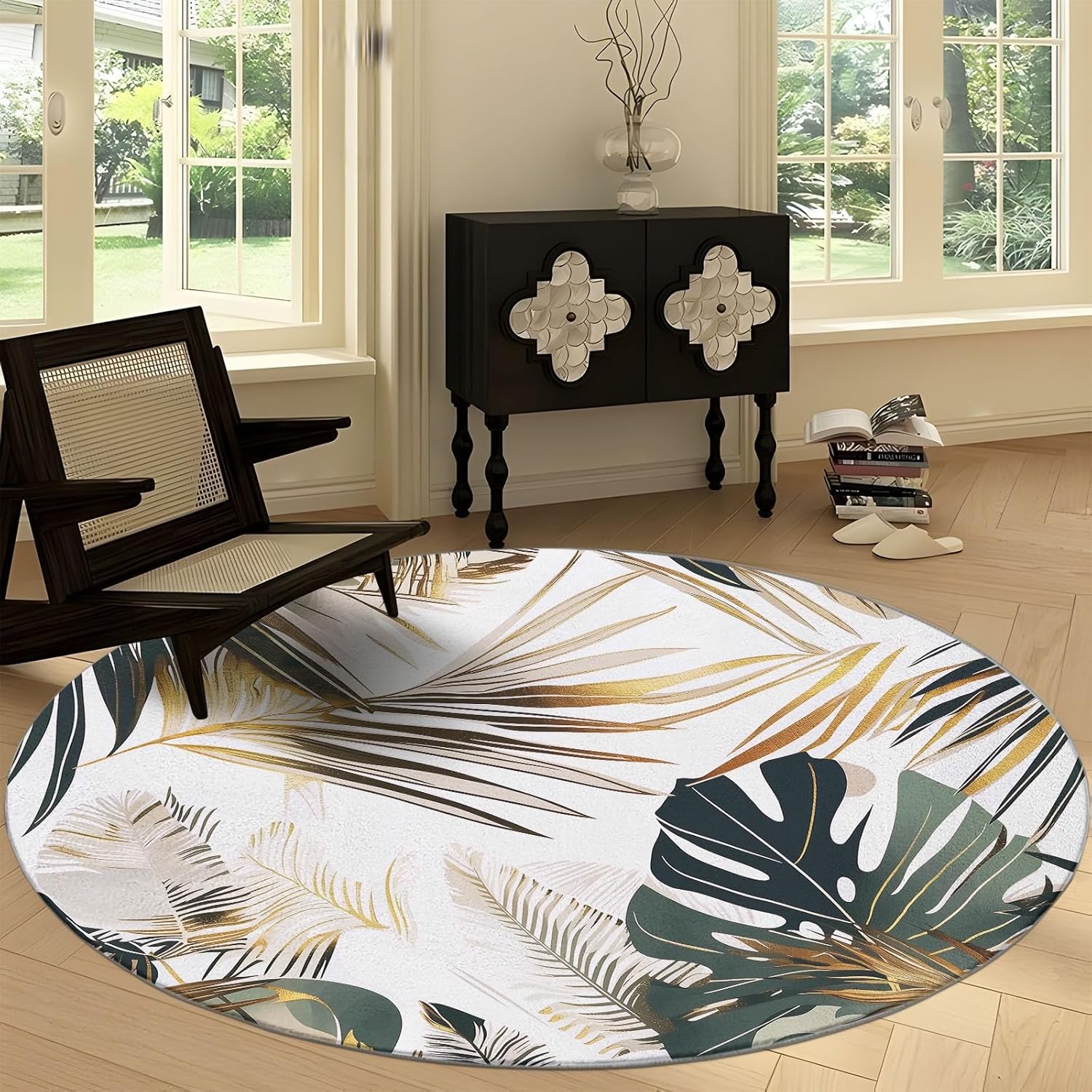 Washable Round Rugs 5' x 5', Tropical Watercolor Monstera Round Area Rug for Living Room, Plant Leaves Non-Slip Round Carpets, Soft Low-Pile Circle Rug for Dining Room Table