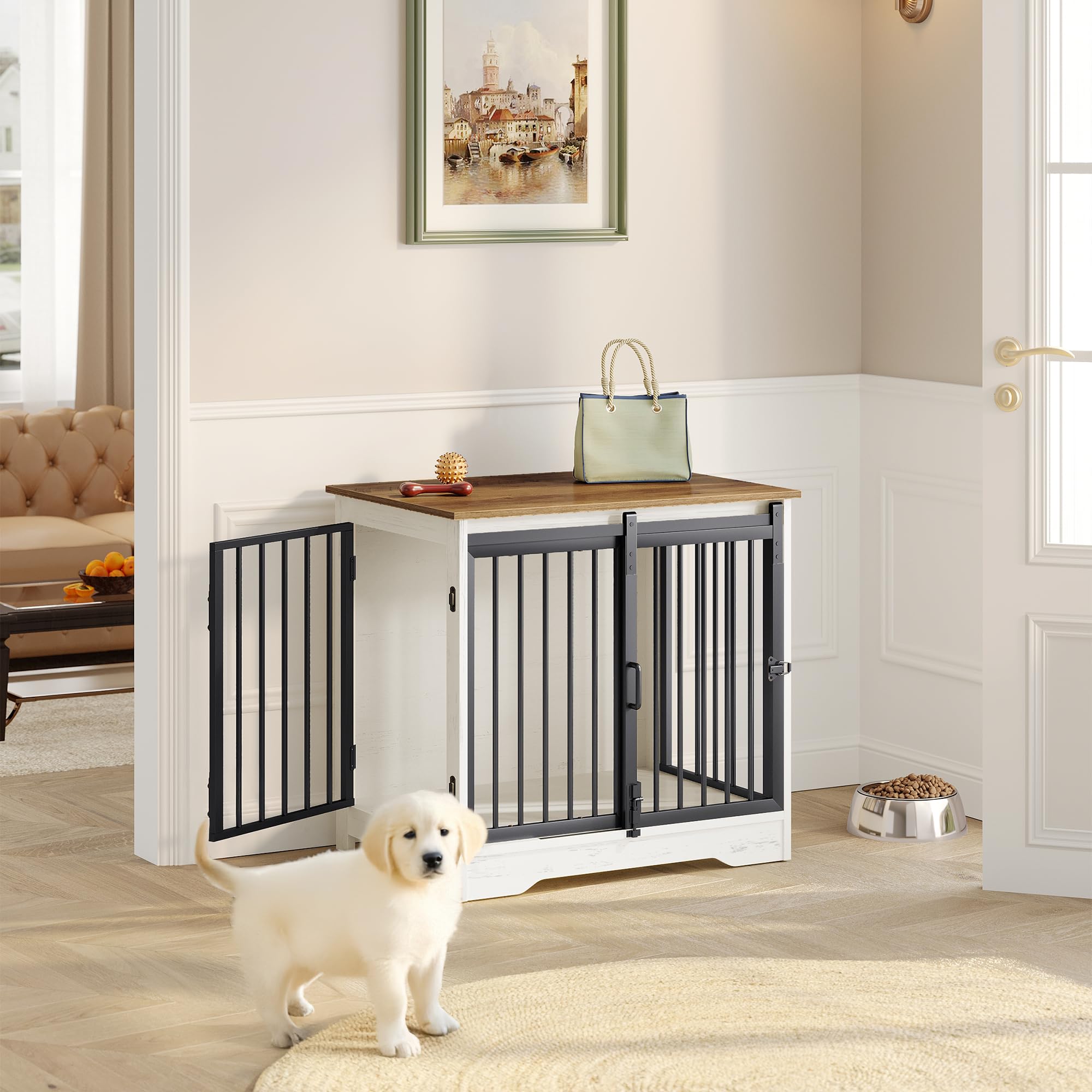 Hzuaneri 69 cm Jaula para Perros, Mesa Auxiliar, casa Moderna para Perros, Jaula para Cachorros, dúplex para Animales, 2 Puertas, 49 × 69 × 64,5 cm, Blanco Marrón DFC84314B