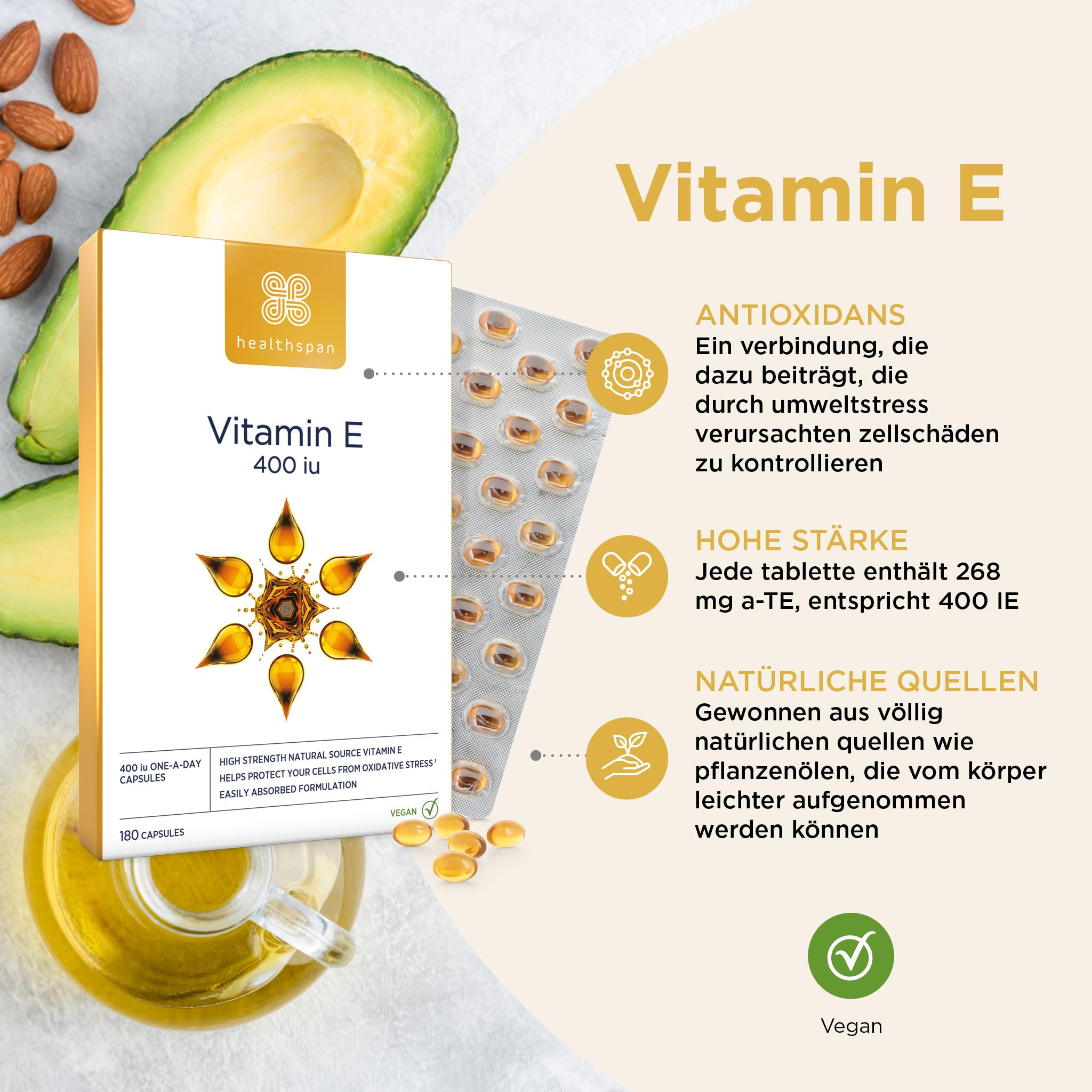 Healthspan Vitamin E 400iu | Hochwirksame Formel zur Bekämpfung von Zellschädigung und Unterstützung der Immungesundheit & Haut | Hochwertige Antioxidans-Unterstützung | Vegan | 180 Kapseln