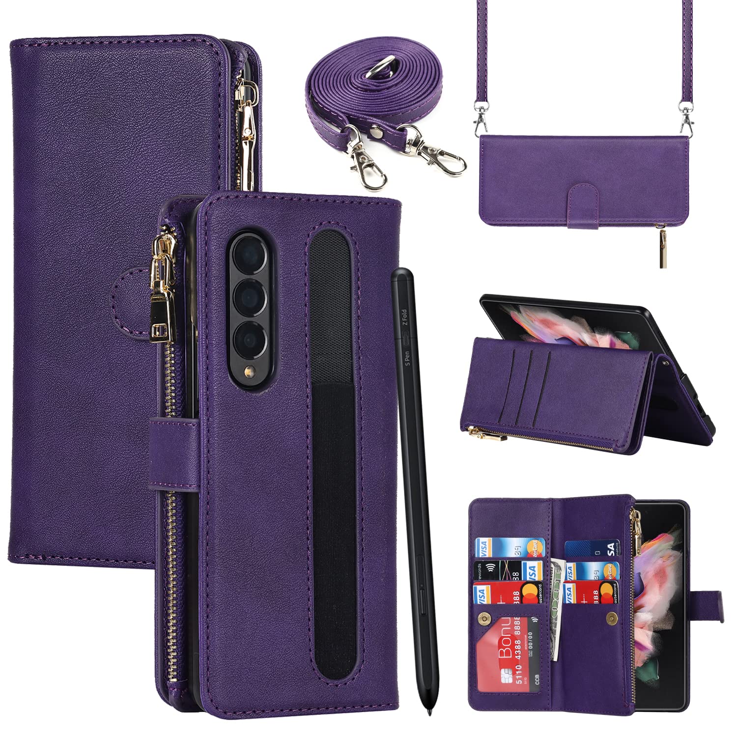 Samsung Galaxy Z Fold 3 5G Wallet Phone Case with S Pen Holder 9 Card Holder 1 Zipper Coin Wallet 2 Cash Slot Lanyard Flip Leather Cover Purple