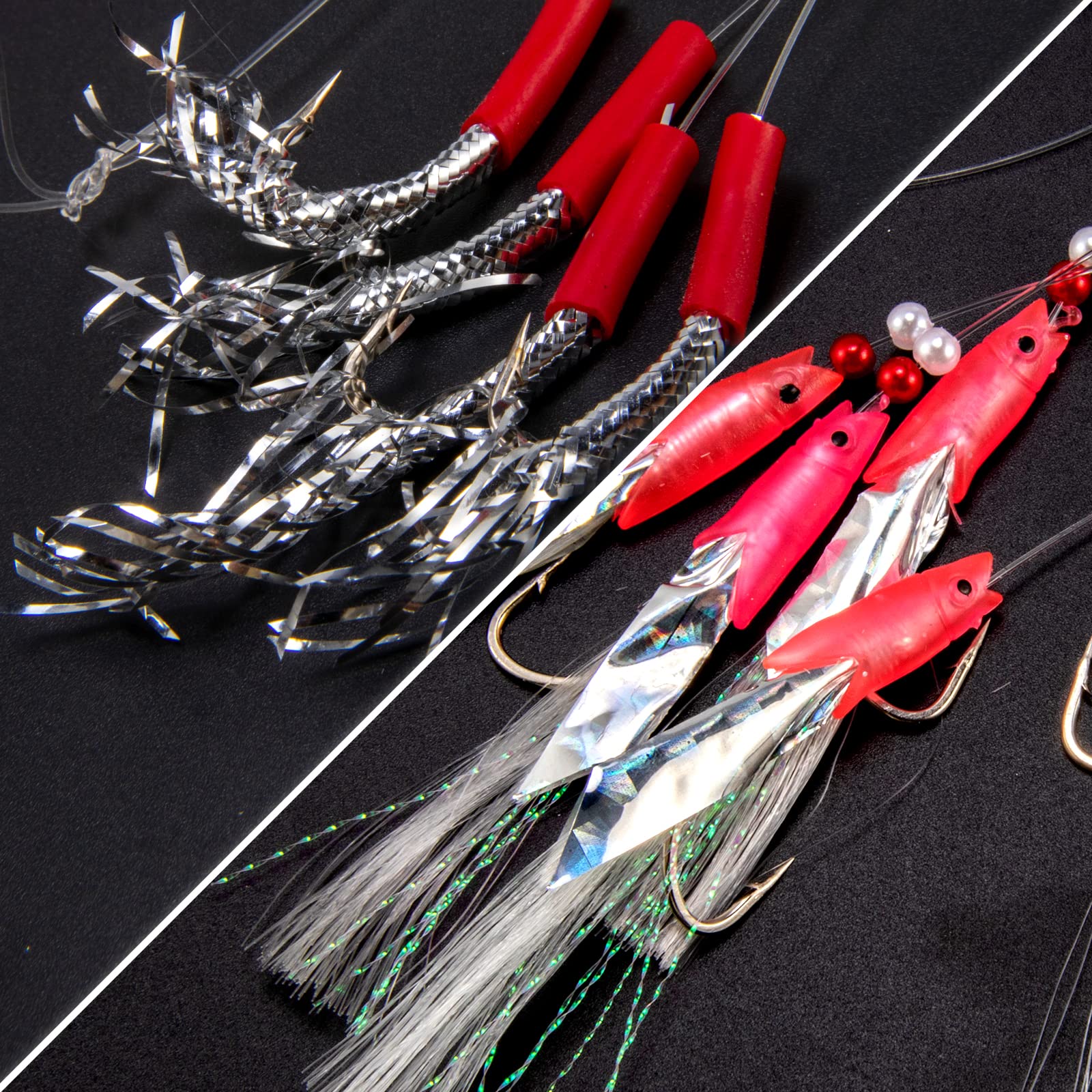 Yoshikawa Paquete de 15 aparejos de plumas de caballa para pesca en el mar, con anzuelos de caballa, señuelos de pesca en el mar, accesorios para especies de verano, barco, playa, pesca
