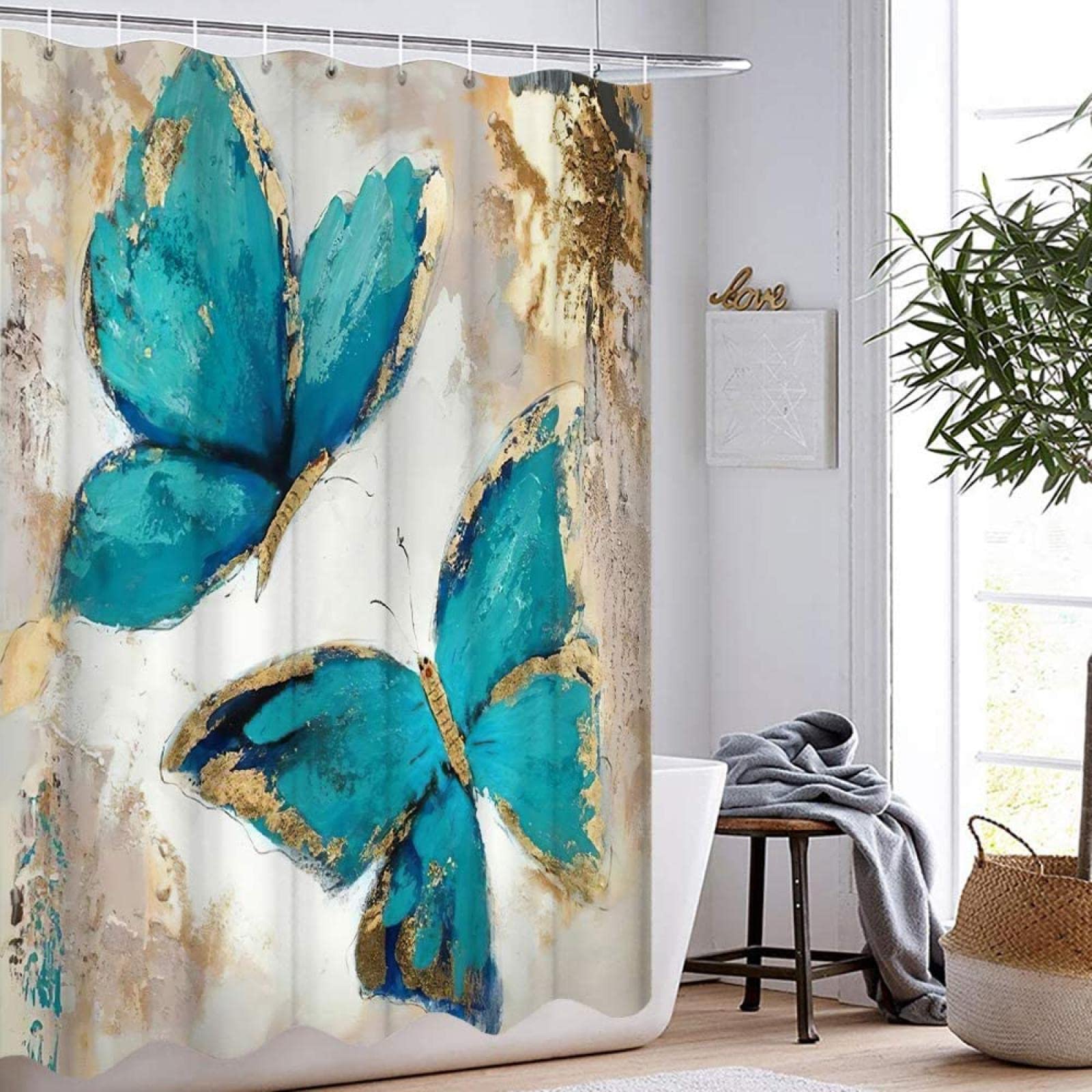 Tenda da doccia a forma di farfalla Tende da doccia moderne decorative Tessuto in poliestere impermeabile Tenda da doccia con ganci 300x200cm(118x79in)