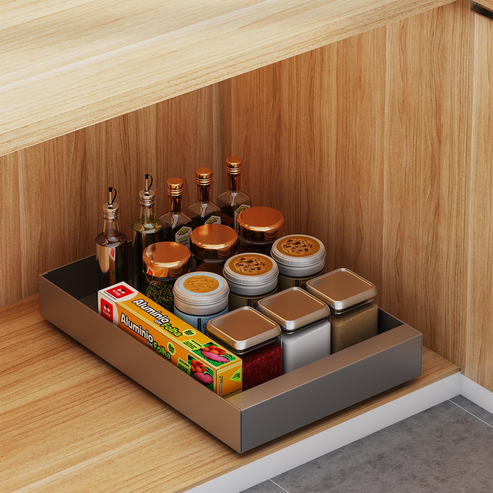 Pull Out Cabinet Organizer: Smooth Slide Out Cabinet Organizer with No Punching Easy Install, Heavy-Duty Cabinet Pull Out Shelves - Pull Out Drawers for Kitchen Cabinets Organizers Can, Spice, Pot &