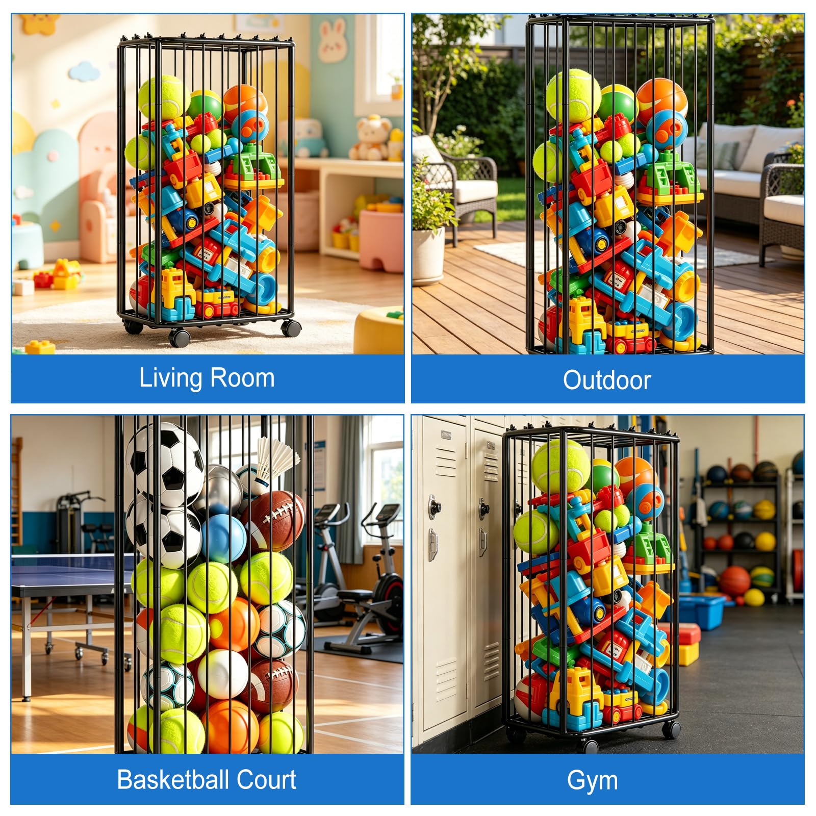 Garage Lagerung von Sportgeräten, 56 x 34 x 116cm Ballaufbewahrungsregale Outdoor mit Rädern und elastische Bänder, Abnehmbares Ball Aufbewahrung für Basketball, Fußball, Football, Volleyball