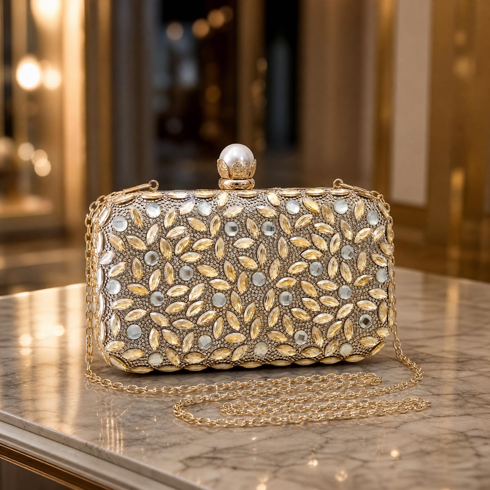 Clutch Rectangular Dorado con Pedrería Brillan Bolso Mano Estructurado con Adornos Cristales Distinguido para Bodas, Cenas Formales