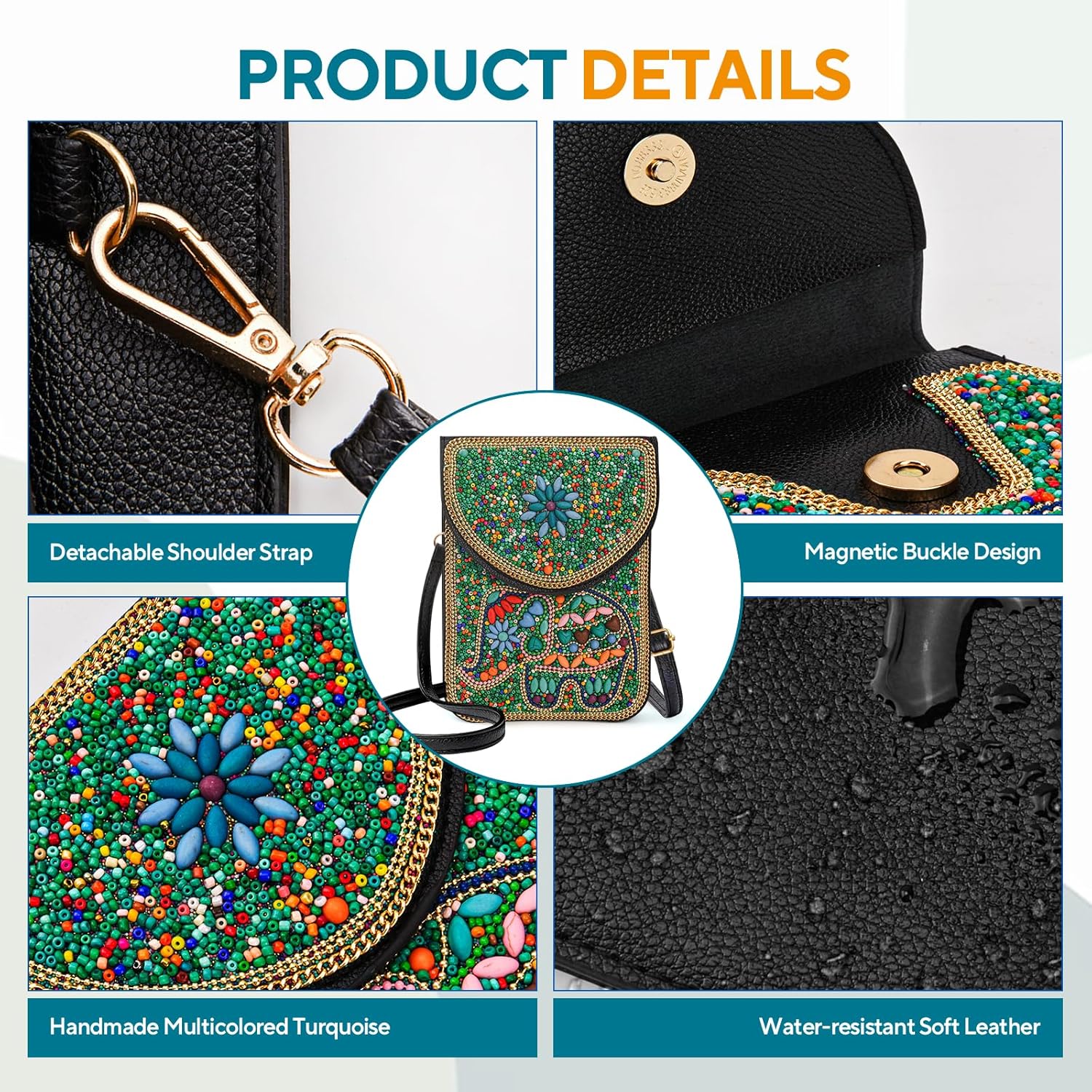 Small Beaded Crossbody Bag for Women, Boho Cell Phone Shoulder Purse Wallet with Handcrafted Colorful Beads - Image 6