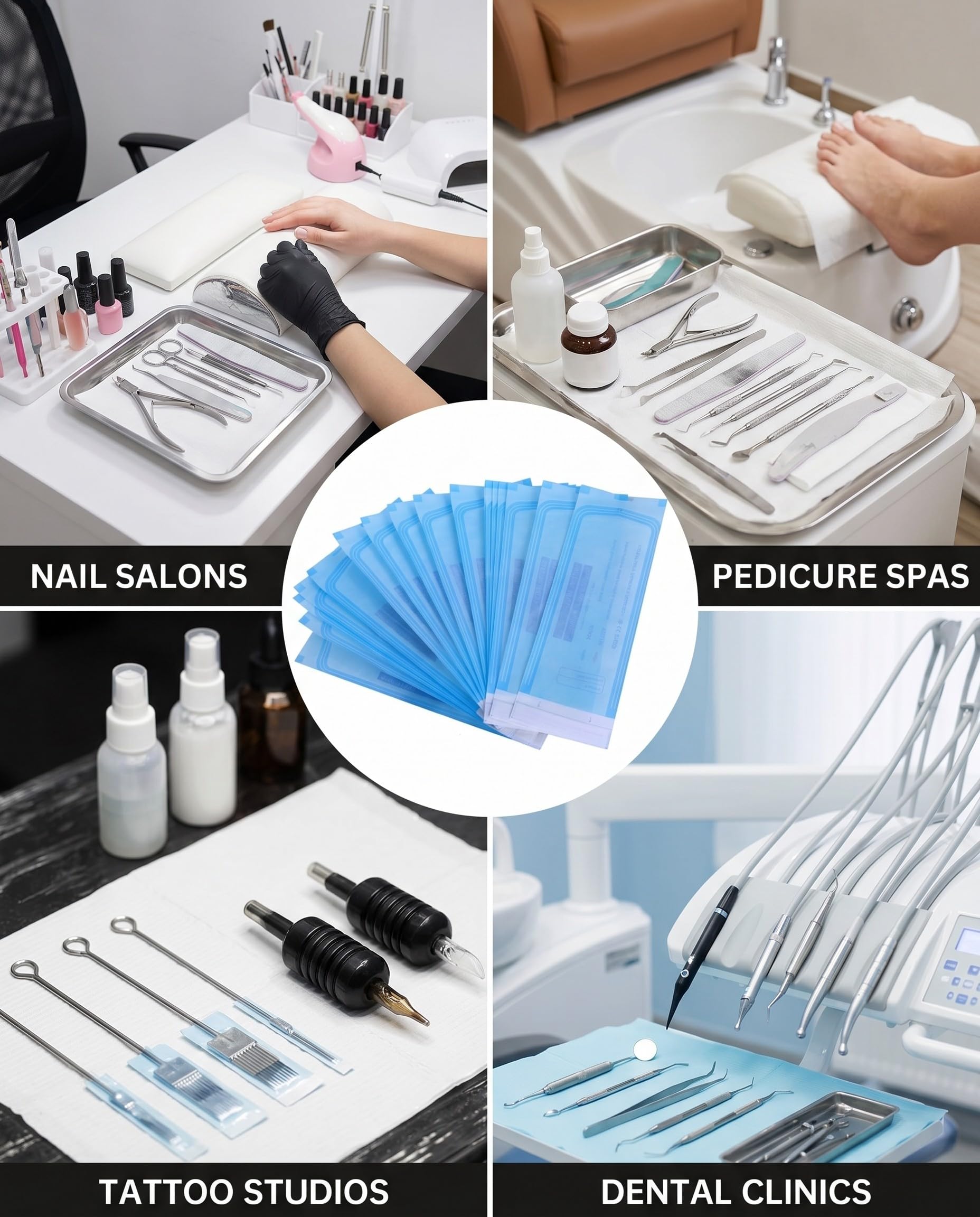 Buste Sterilizzazione Autosigillanti 200 Pezzi Blu Monouso per Strumenti Estetista Unghie Cosmetica & Autoclave Professionale