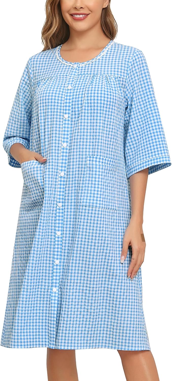 YOZLY Nightgowns for Women Cotton Snap Front Housecoat 3/4 Sleeve Housecoat with Pockets S-3XL - Image 2