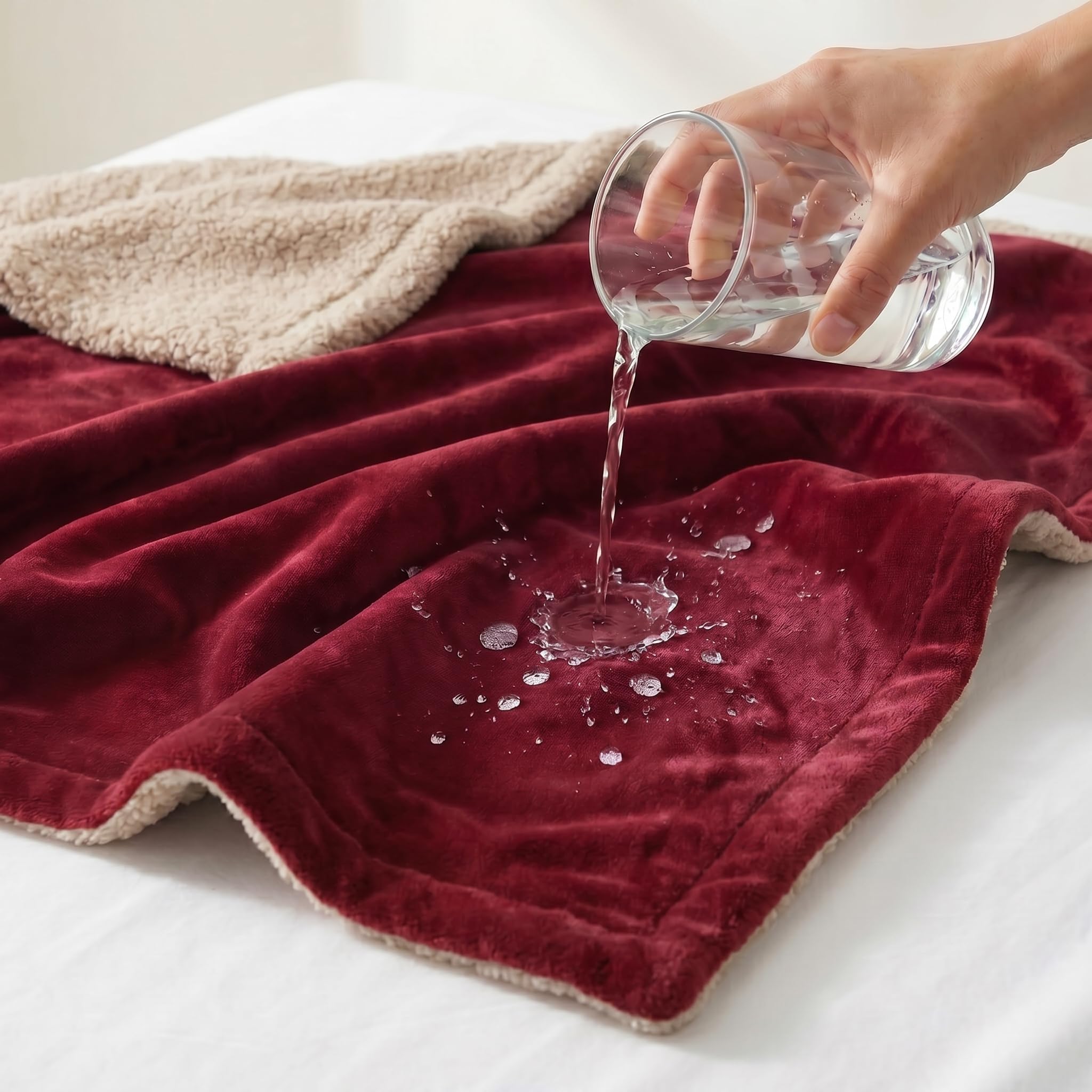 Sacred Weapon Waterproof Blanket for Bed โ Sherpa Fleece Leak Proof Throw, Washable Splash Protection for Mattress & Sofa โ Mini 115x100cm Dark Red