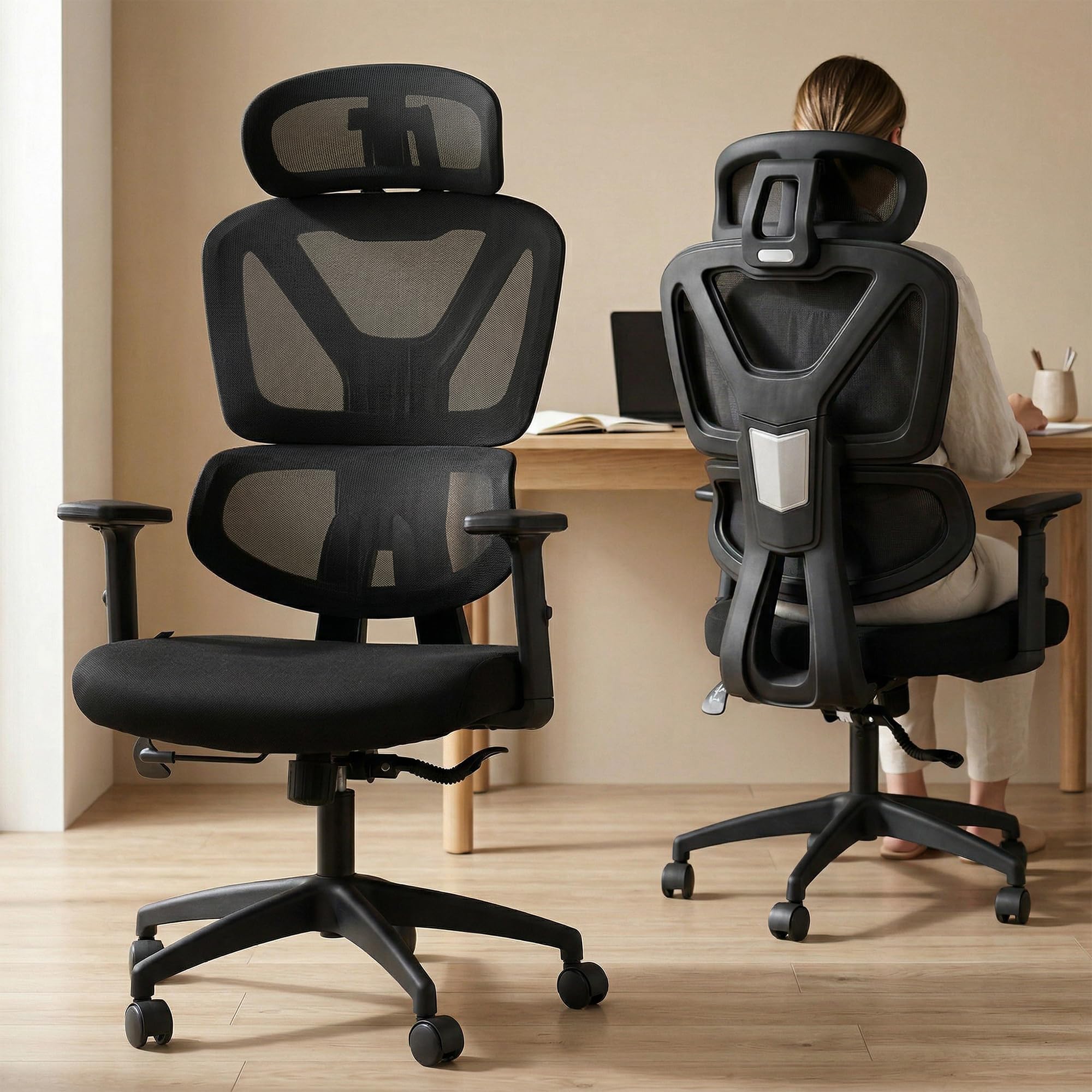 DROGO Premium Ergonomic Office Chair for Work from Home, High Back Computer Chair with Adjustable Seat, Armrest, Rocking Function, 2D Headrest & Lumbar Support | Mesh Chair for Office/Home (Black)-image-38