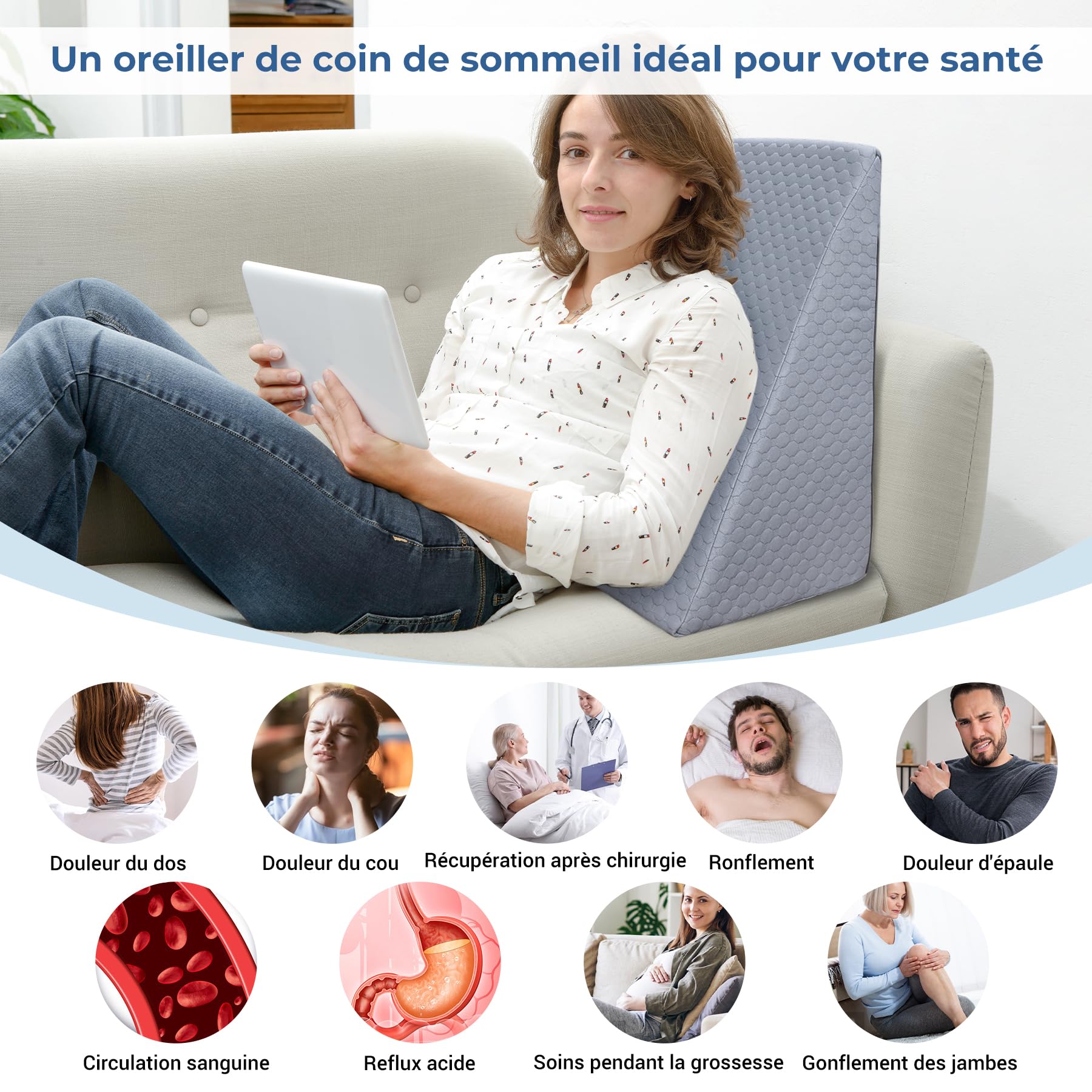 INFANZIA Cuscino inclinato per letto, cuscino triangolare ergonomico in memoria di forma per apnea del sonno, cuscino ad angolo, russare, reflusso acido (grigio)