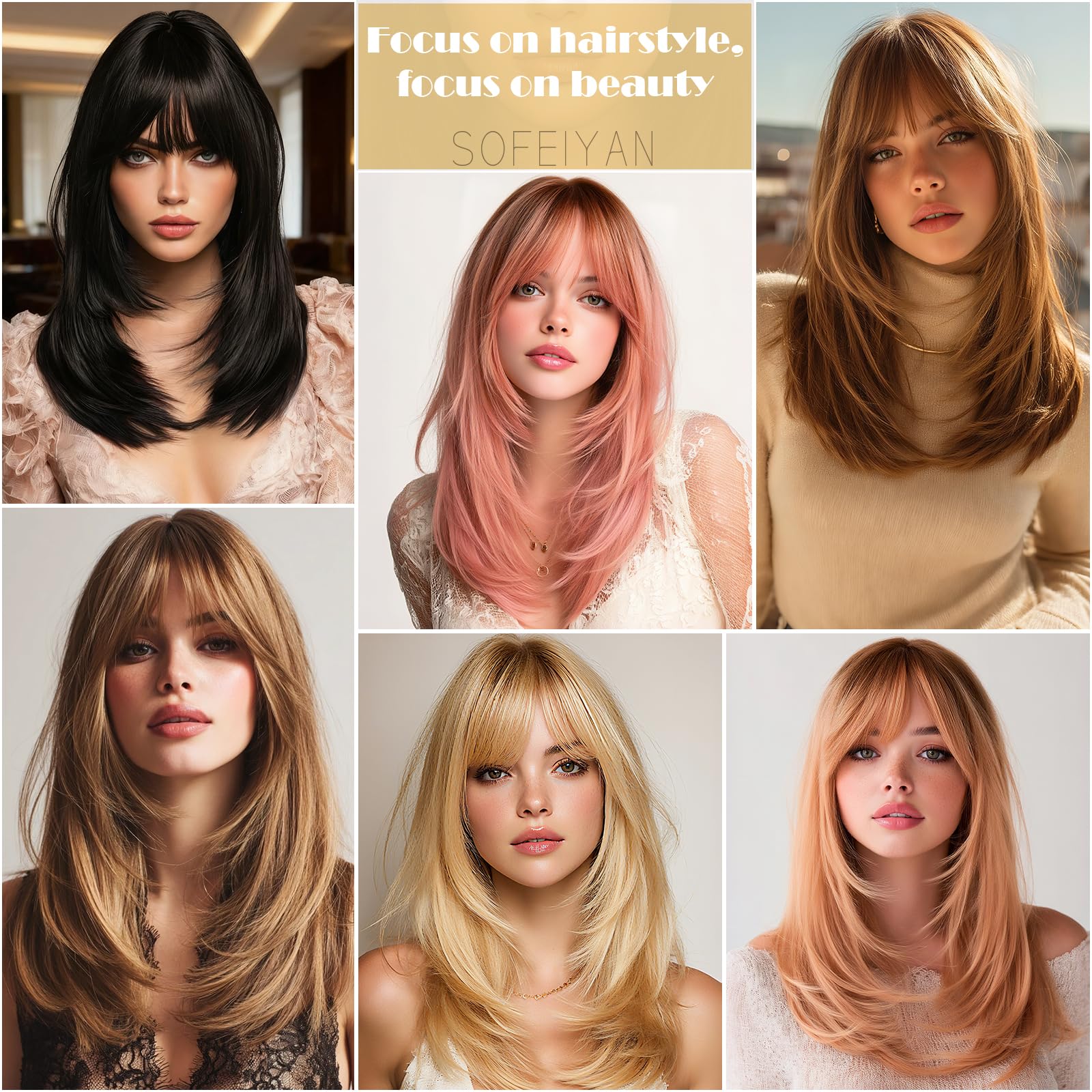 Sofeiyan Pelucas Mujer pelo Natural con Flequillo, 40 cm Burdeos Rojo Oscuro Sintético Resistente al Calor Peluca Largas Rectas,Cabello Layered para Fiestas Diarias y Cosplay