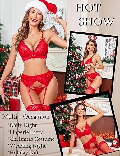 Miniatura 5 de Avidlove Women Garter Lingerie Set 3 Piece Lace Bra and Panty Set with Garter Blet Sexy Bralette Set