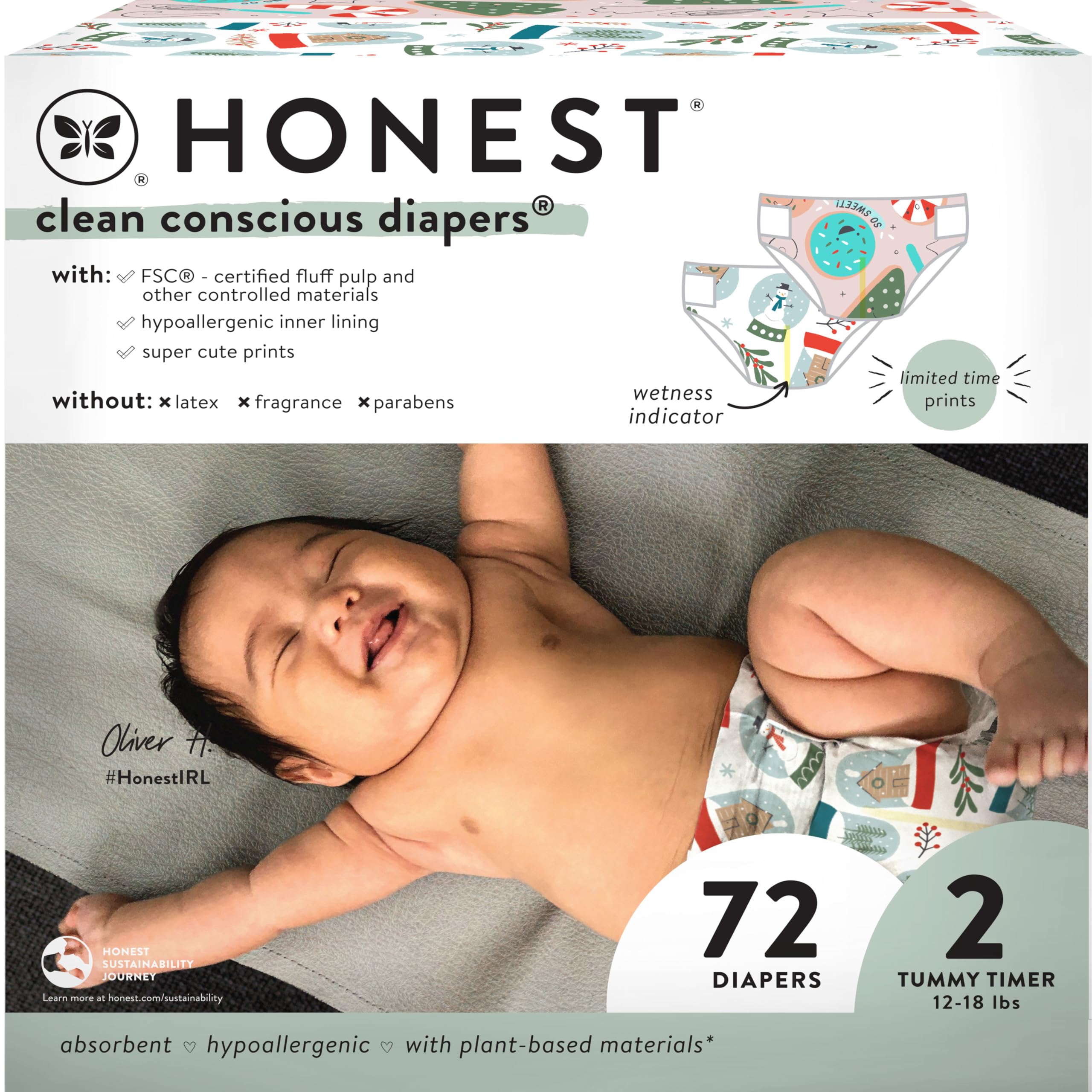 The Honest Company Clean Conscious Diapers Plant-Based, Sustainable  Winter '24 Limited Edition Prints Club Box, Size (12-18 lbs), 72 Count