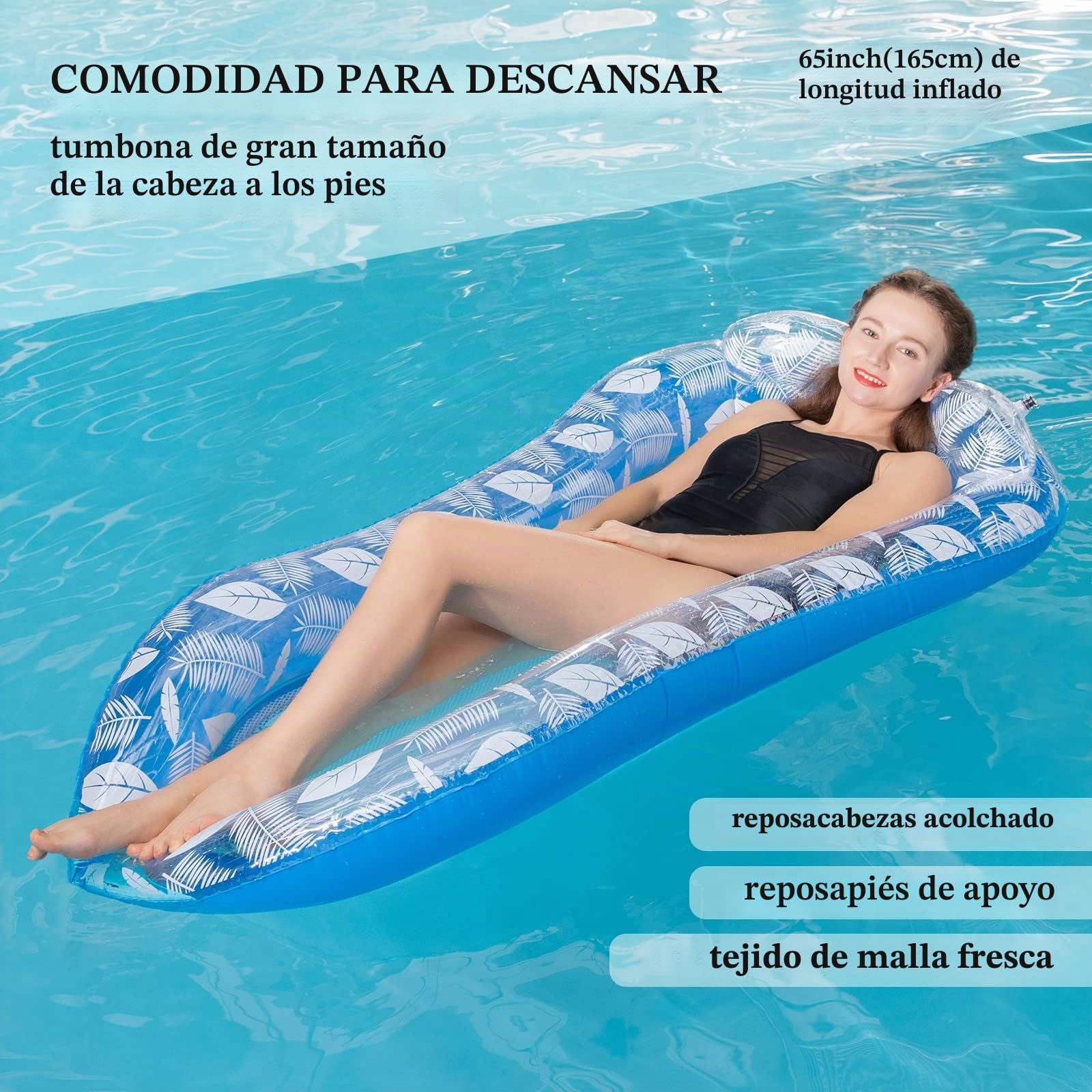 Hamaca Flotante Piscina Colchoneta de Agua para Adultos Inflable Tumbona Hinchable Flotador con Eposacabezas y Red | Inflable, Con red y reposacabezas, Silla de salón flotante, Cama de agua, Juguete de la piscina