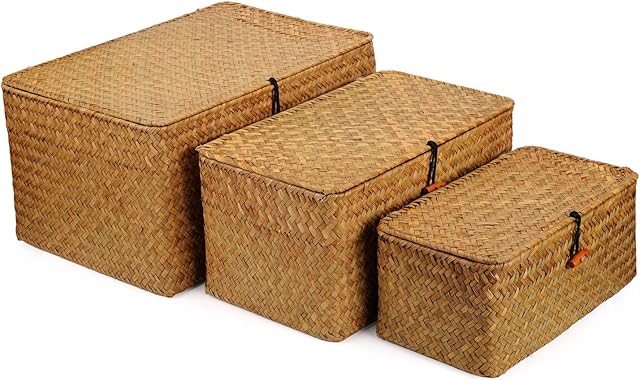 DOKOT Seagrass Storage Baskets with Lid Natural Rattan Woven Rectangular Organizer Box Set of 3 (Large+Medium+Small)