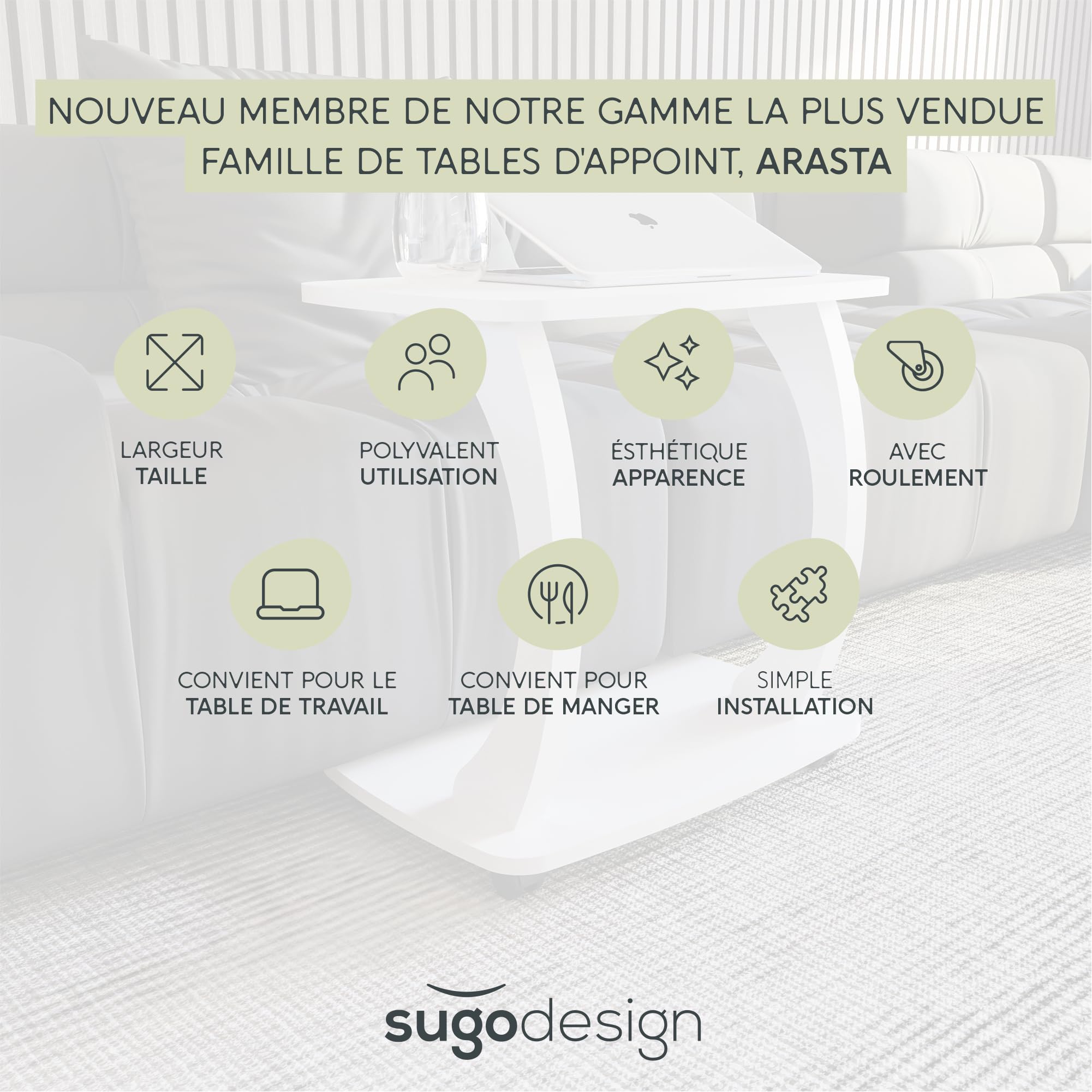 sugodesign Table d'appoint canapé à roulettes, Petit Table Basse Design pour Salon, Surface idéale pour PC et Boissons (Blanc)