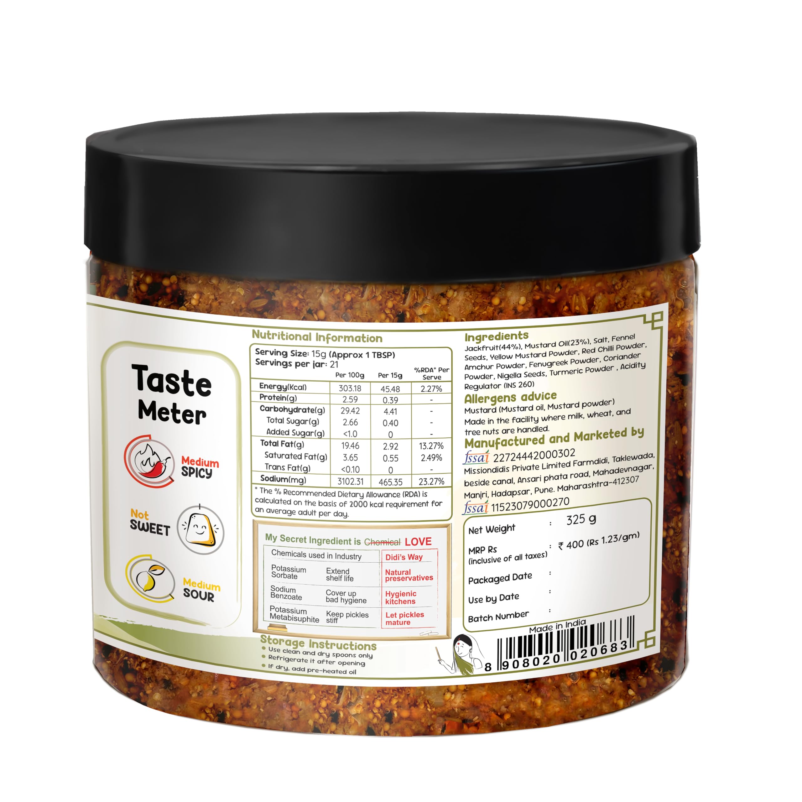 FarmDidi Jackfruit Pickle 325g In Fresh Handmade Kathal Ka Achar In Mustard Oil Spicy & Tangy Homemade Pickle Traditional Jackfruit Achaar No Chemical Preservatives