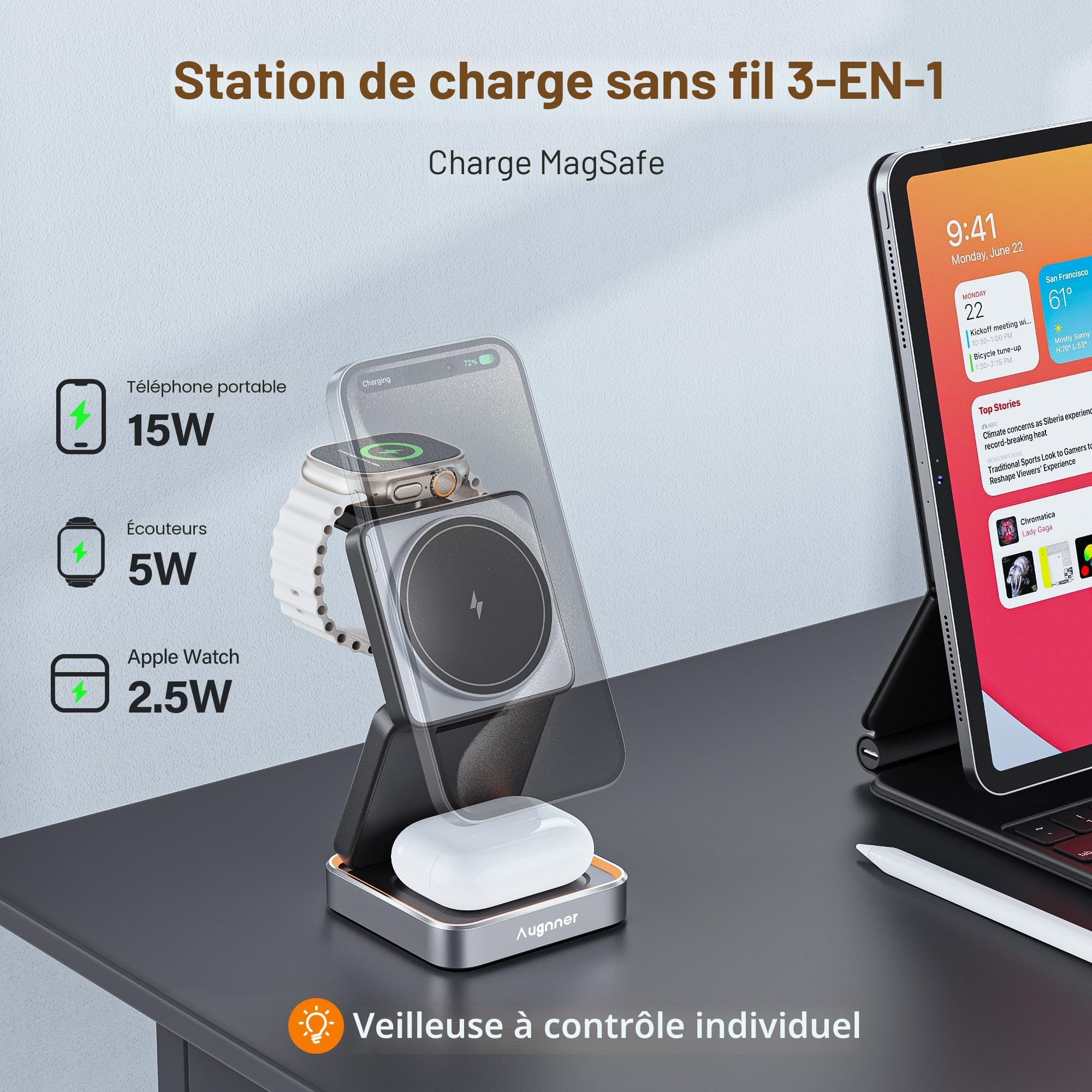 Station de Charge, Pliable Chargeur à Induction 3 en 1, Chargeur sans Fil Compatible avec Magsafe et veilleuse pour iPhone 16/15/14/13/12 Série, AirPods 2/3/Pro,Apple Watch