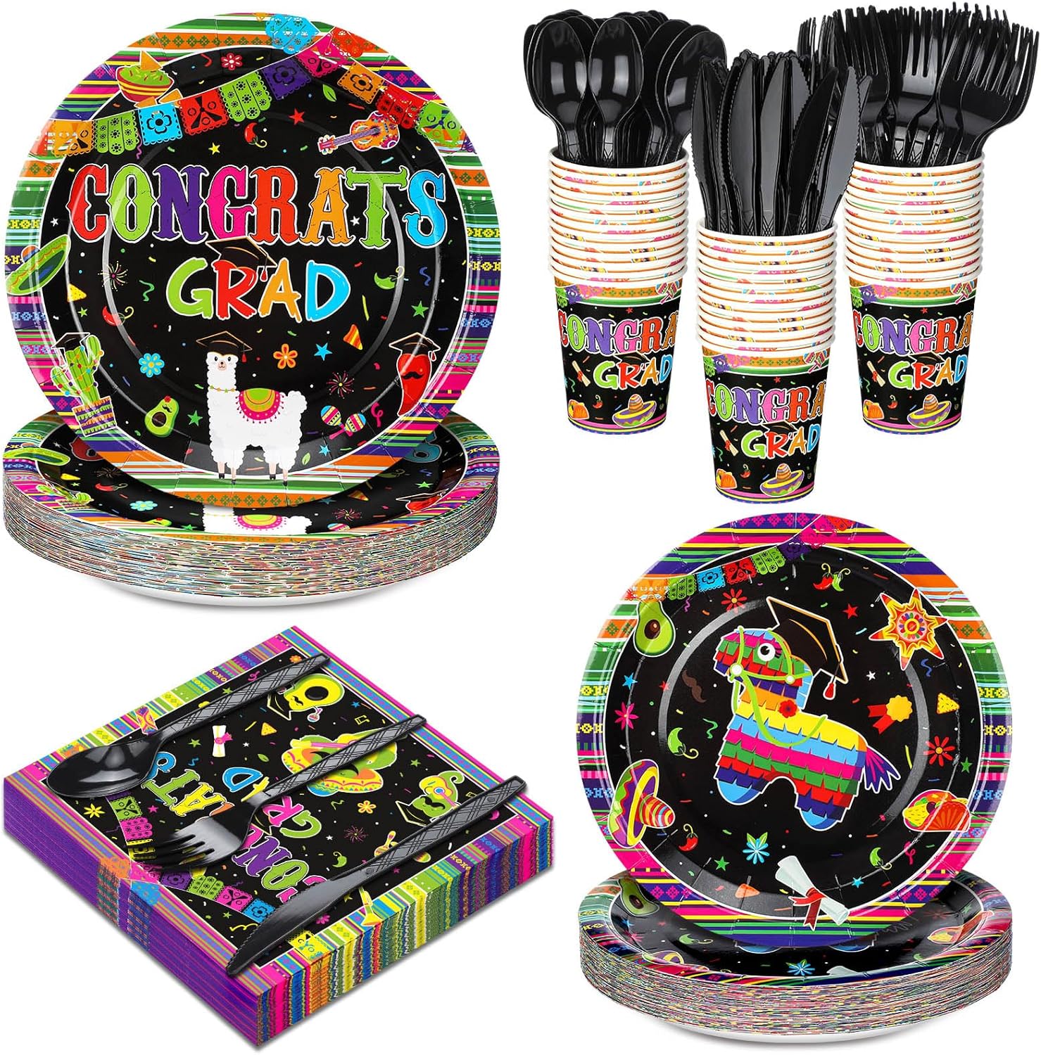 Yungyan 252 Pcs Mexican Graduation Fiesta Party Tableware Set Mexican Graduate Plates Napkins Cups Forks Knives Spoons for Mexico Graduate Party Decorations Supplies 36 Guests