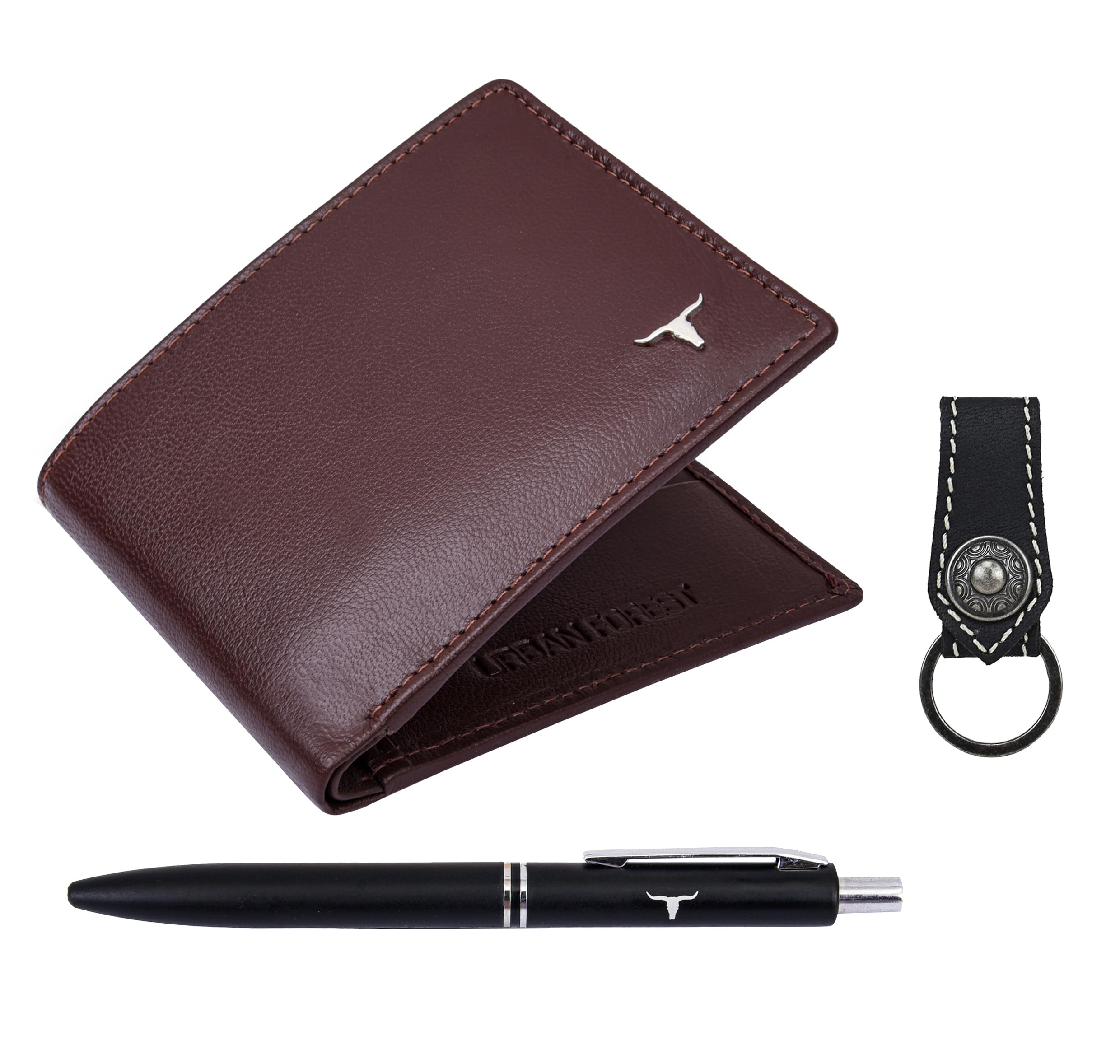 URBAN FOREST Gary Aniline Brown Leather Wallet, Black Pen & Keychain Combo Gift Set for Men
