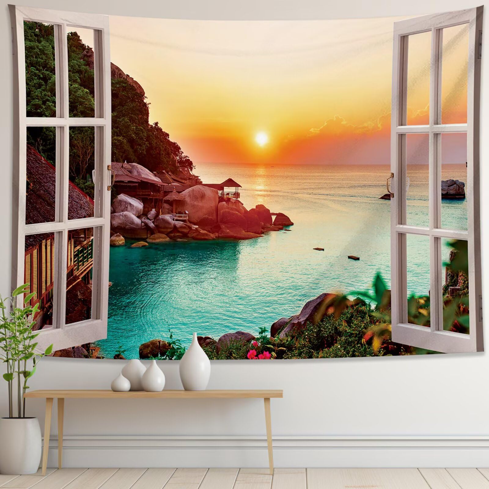 Oyanx1 Yellow Beach Ocean Window Tapestry Wall Hanging Sunset Sunrise Island Coastal Landscape Nature Scenery Seaside Cute Small Tapestry For Office Bedroom Living College Dorm Room Backdrop Wall Decor 28×40 Inch