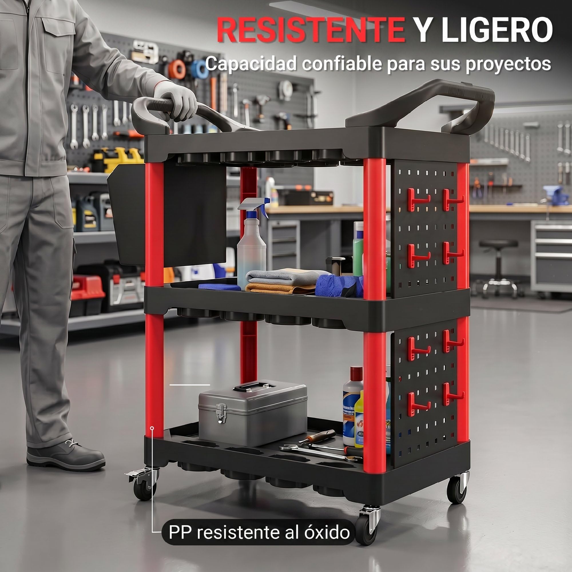 HOMCOM Carro de Taller de 3 Niveles con Paneles Perforados Negro y Rojo | Carro de Herramientas, Asa Lateral, Ganchos, Cubeta, para Garaje Mecánico, Hogar
