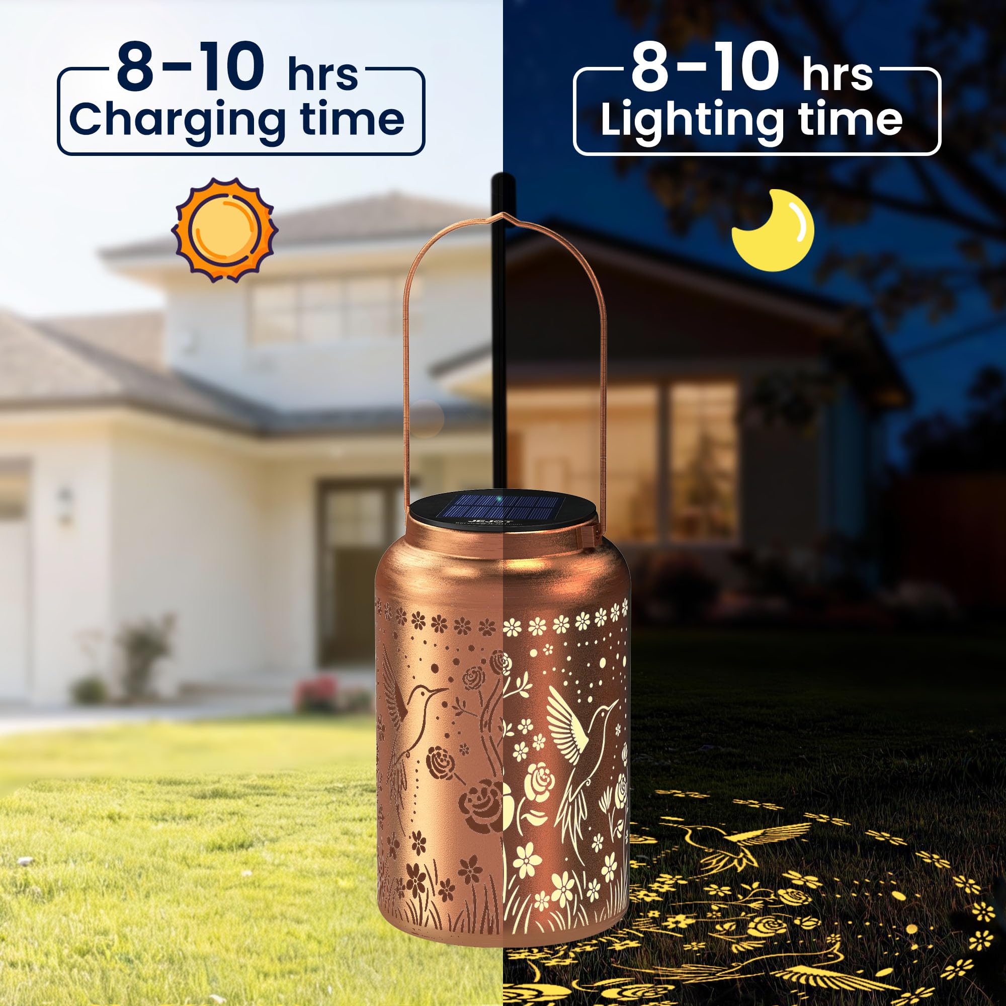 JEJOT Faroles solares impermeables para exteriores, decoración de jardín de colibrí, luces colgantes, decoración solar de metal para patio, césped, camino, paisaje, colibrí, 1 paquete