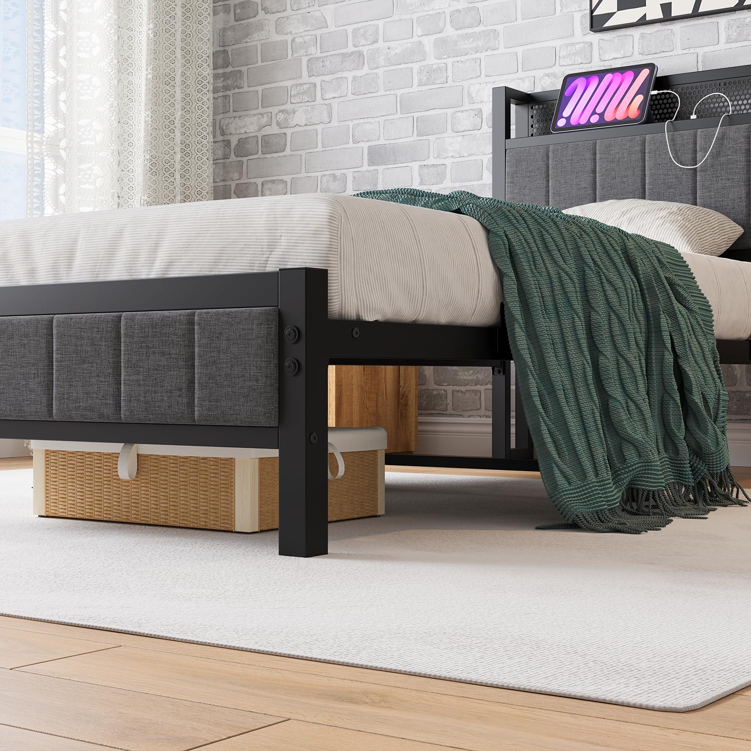 Bettrahmen mit Ladestation Einzelbett Gästebett Metallbett Polsterbett 90x200 Bettgestell aus Metall,Jugendbett mit Lattenrost Kopfteil in Grau,für Schlafzimmer Gästezimmer