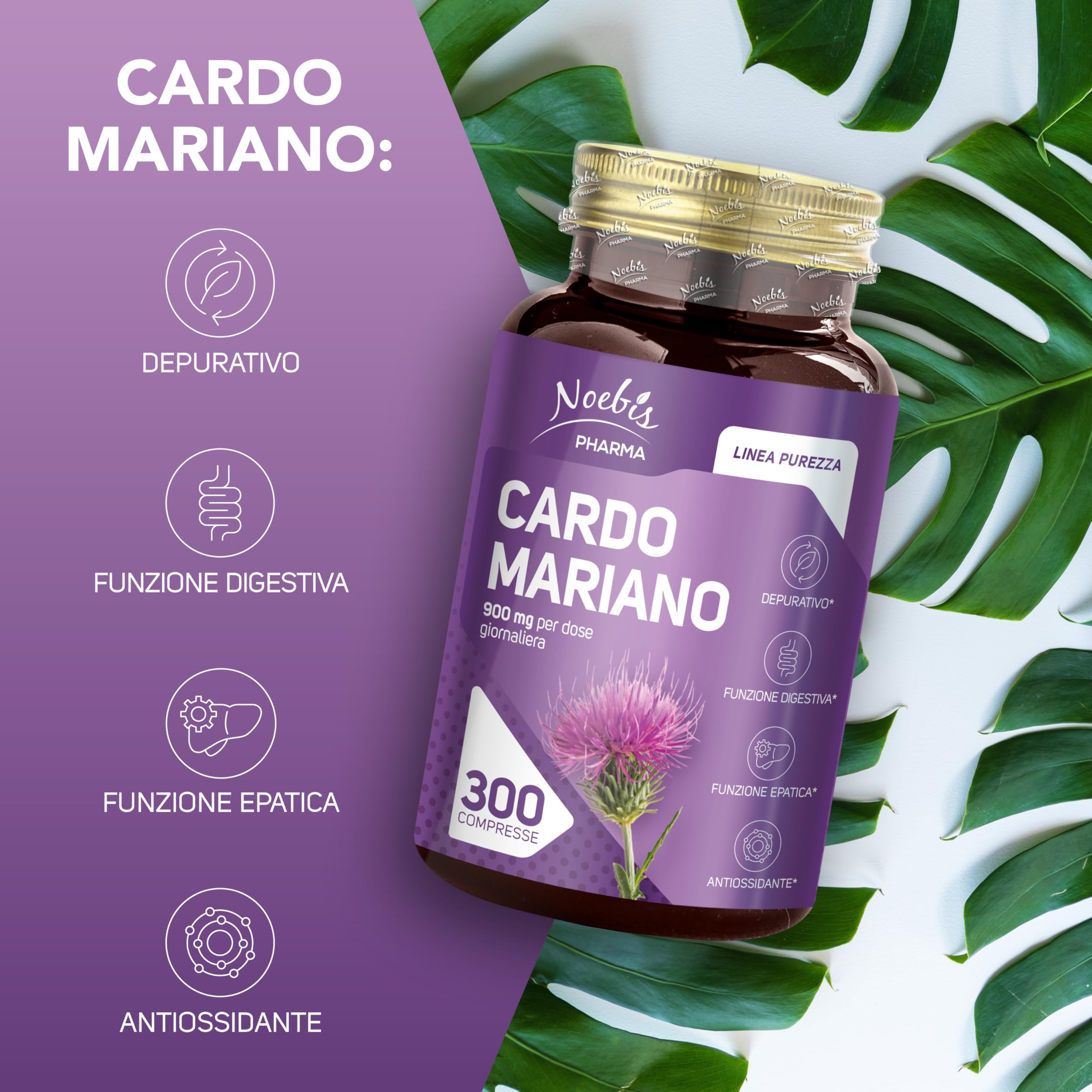 Cardo Mariano Noebis Pharma - Estratto Secco di Cardo Mariano con Silimarina - 300 Compresse - Supporto Fegato, Digestione e Azione Antiossidante (Confezione da 4)