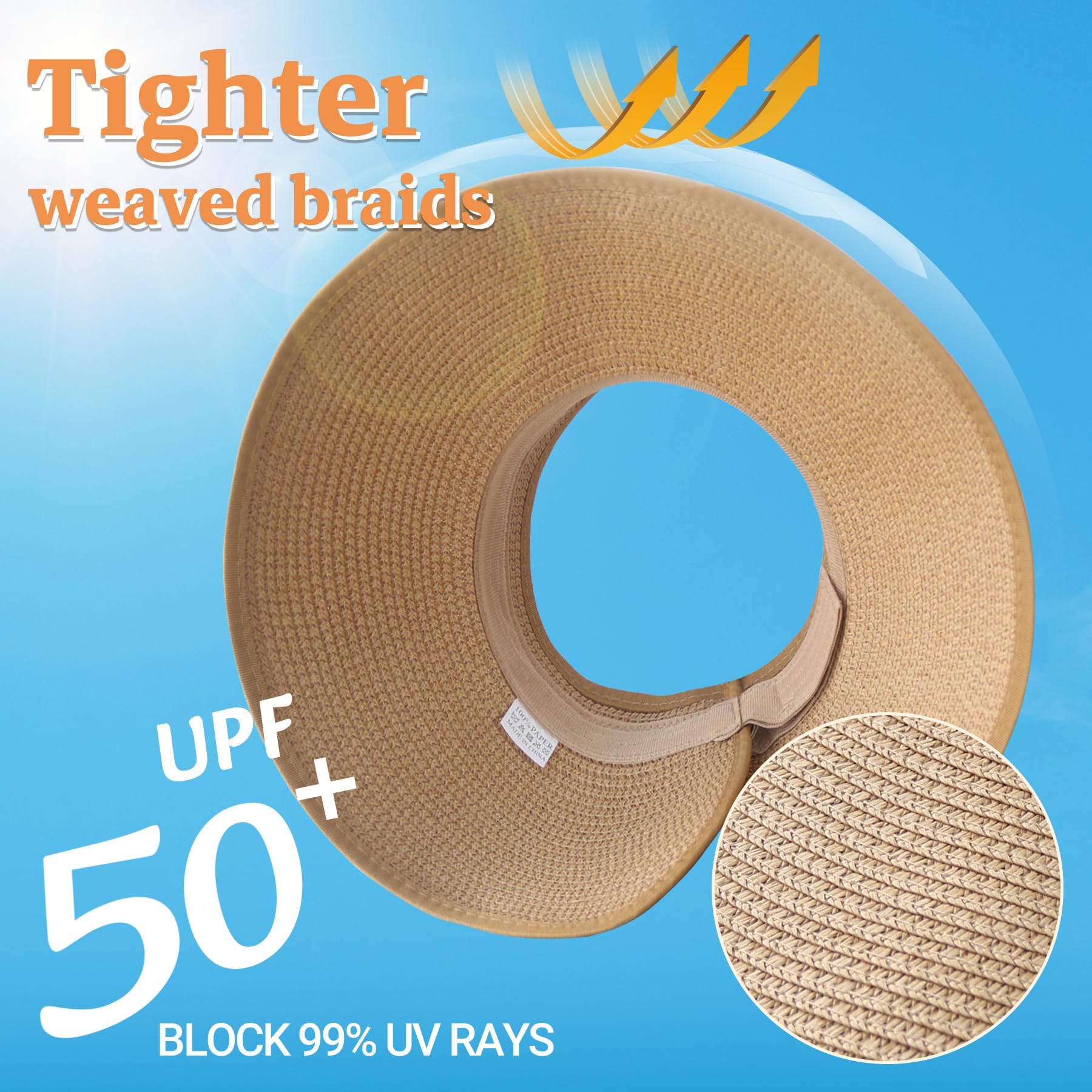 Sombreros con visera solar para mujer, sombrero de paja de ala ancha para cola de caballo, sombrero de playa, plegable, plegable, protección UV, sombreros de viaje, Caqui, Talla única 2