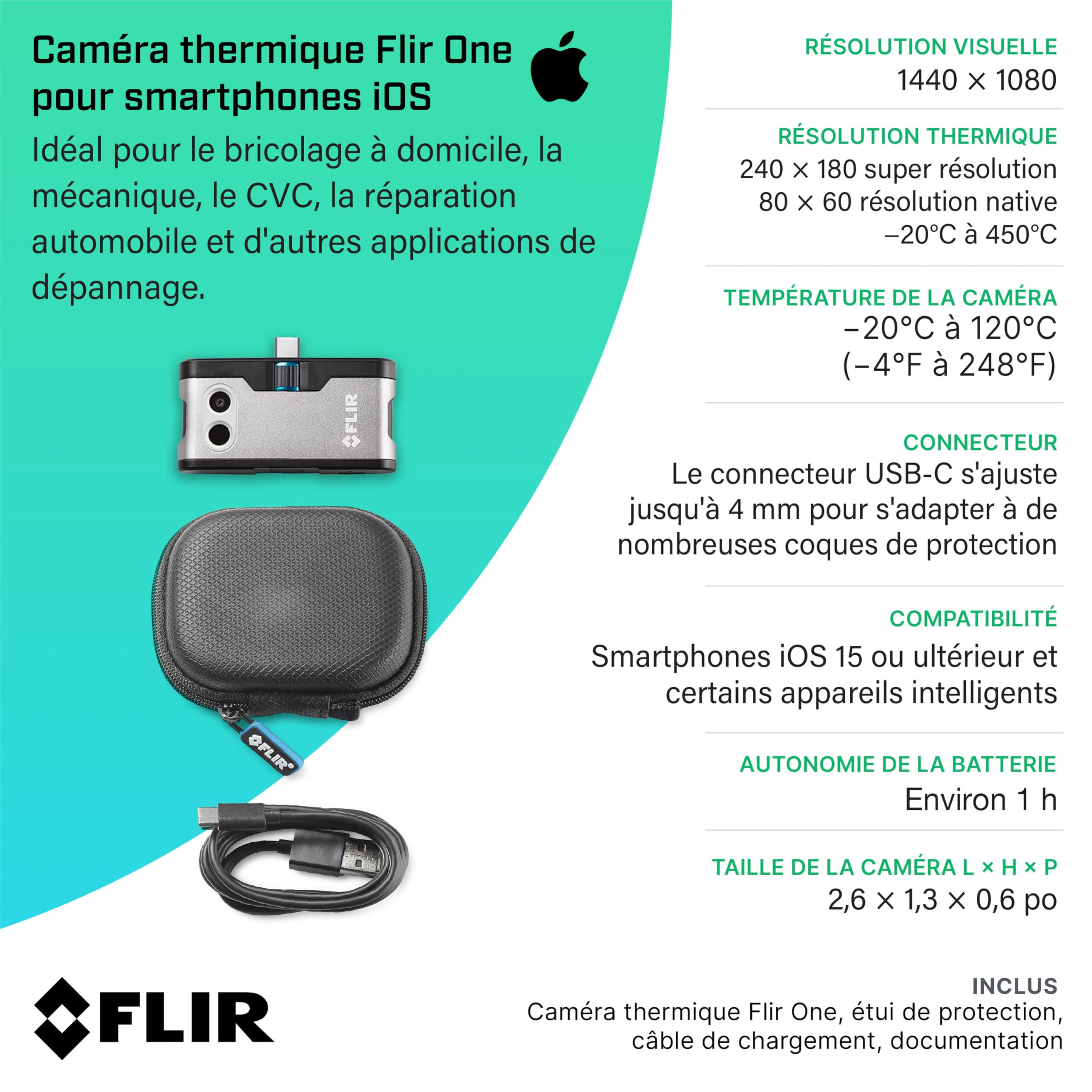 Flir One - Caméra thermique pour smartphones iOS (iPhone 15 et versions ultérieures avec USB-C), super résolution 240x180 (80x60 IR natif)