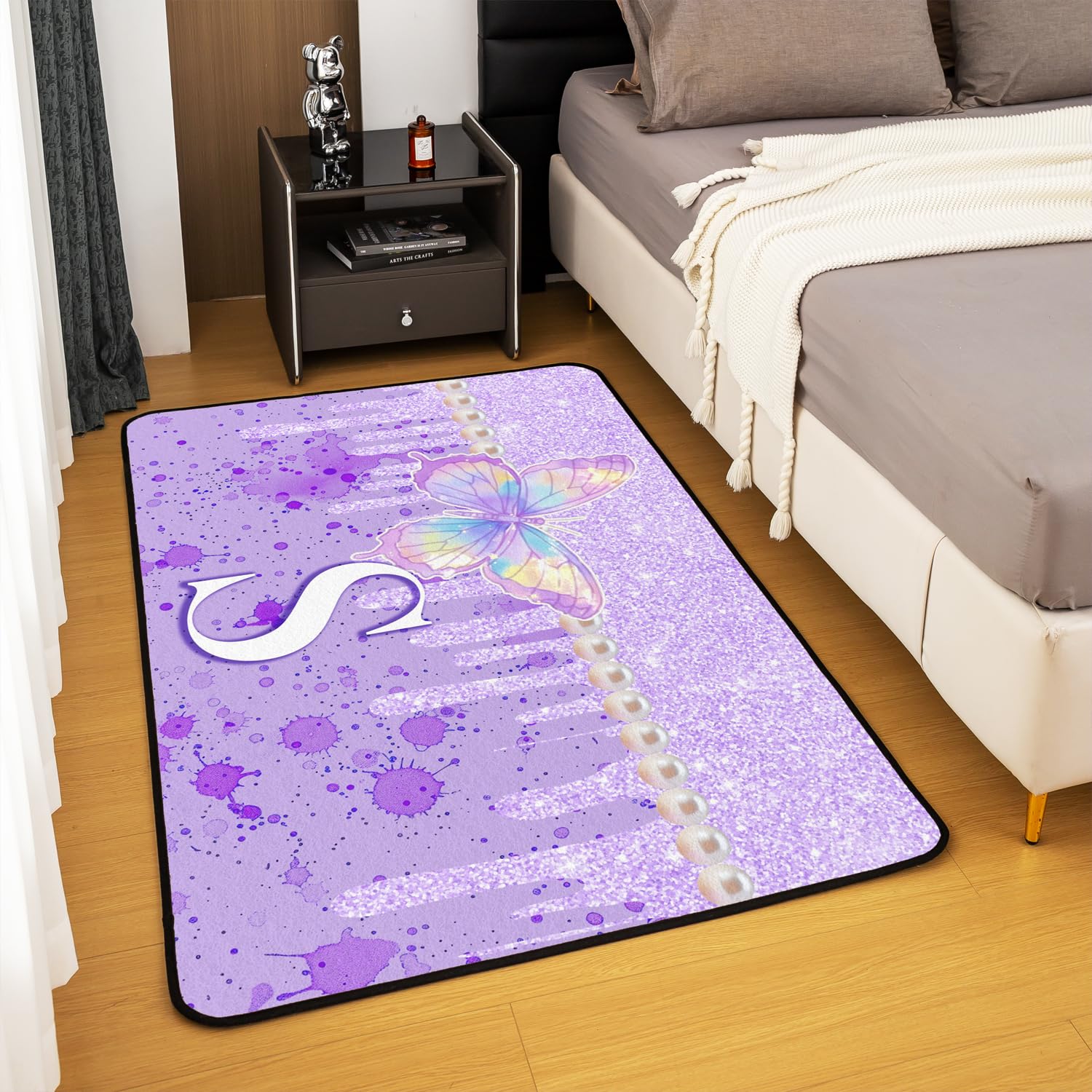 Alphabet Lettre S Tapis Exterieur Violet Papillon Tapis Salon 100x150cm pour Garçons Filles Glitter Imprimer Graffti Chambre Décor