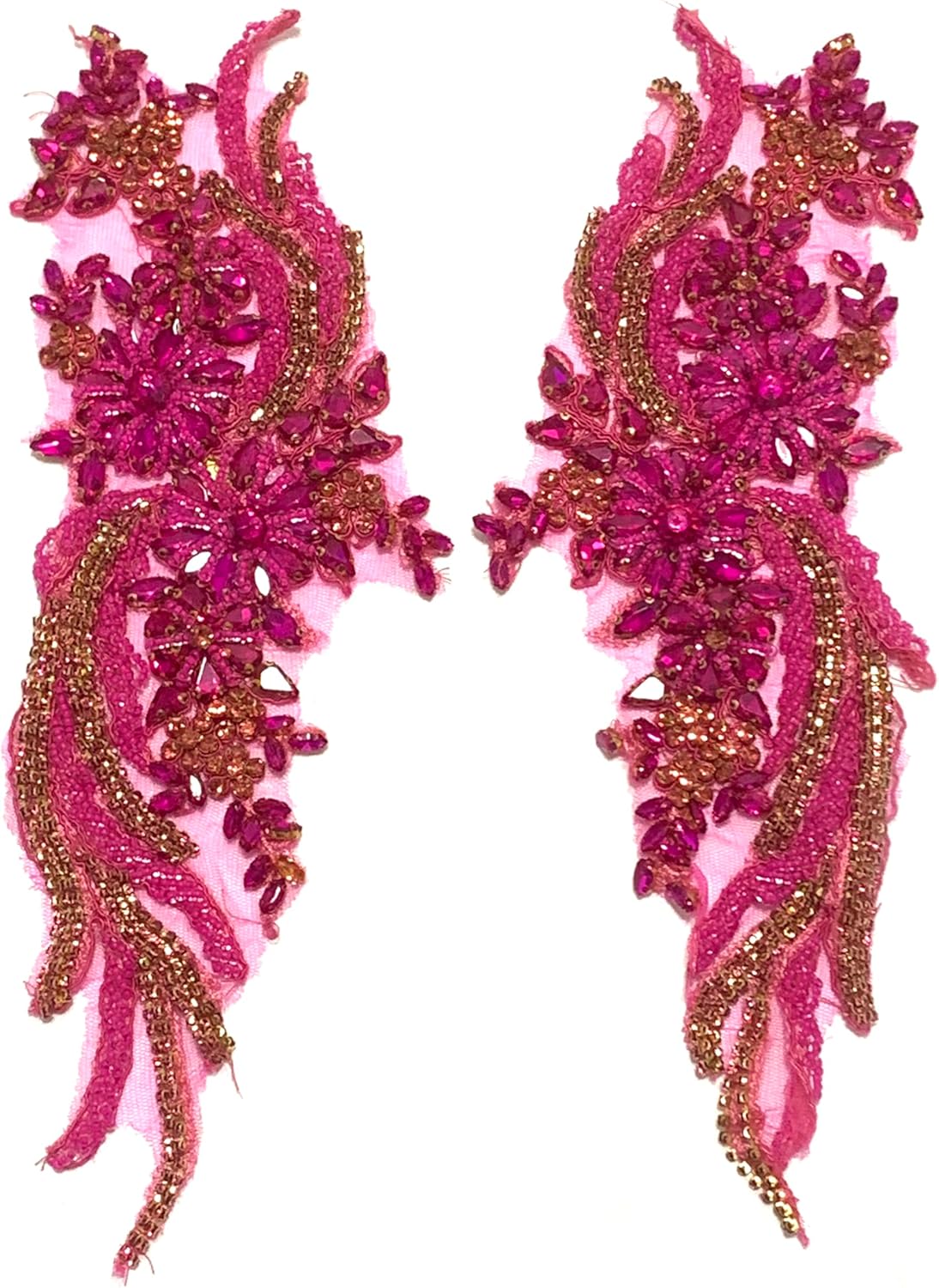 Pair Hand-Made Beaded Rhinestons DIY Clothing Appliques Patch,Rose Pink(hot Pink) sew on Decoration Flower Applique by Pair