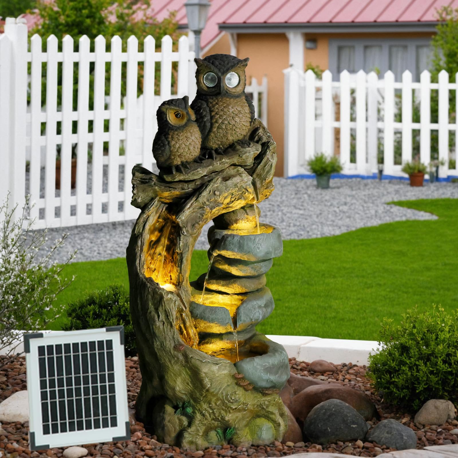 Solar Springbrunnen Außen Eulen, 4 - Stufen Gartenbrunnen Kaskade Zimmerbrunnen mit LED - Beleuchtung, Gartenbrunnen für Balkon, Terrasse, Drinnen & Draußen, Gartendekoration, 87 cm