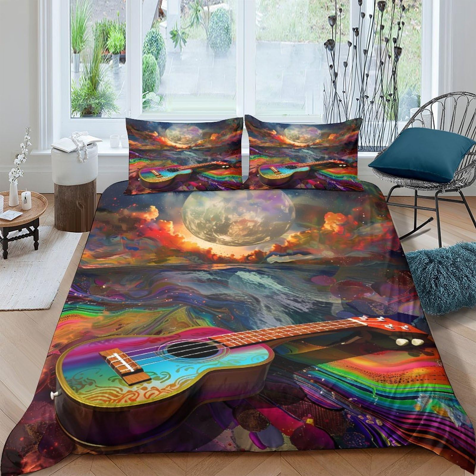 TUFRTGYHN 3D Printed Rainbow Guitar Duvet Cover Microfiber Soft Psychedelic Sunset Bedding Set with 2 Pillowcases for Bedroom Decor Single（135x200cm）