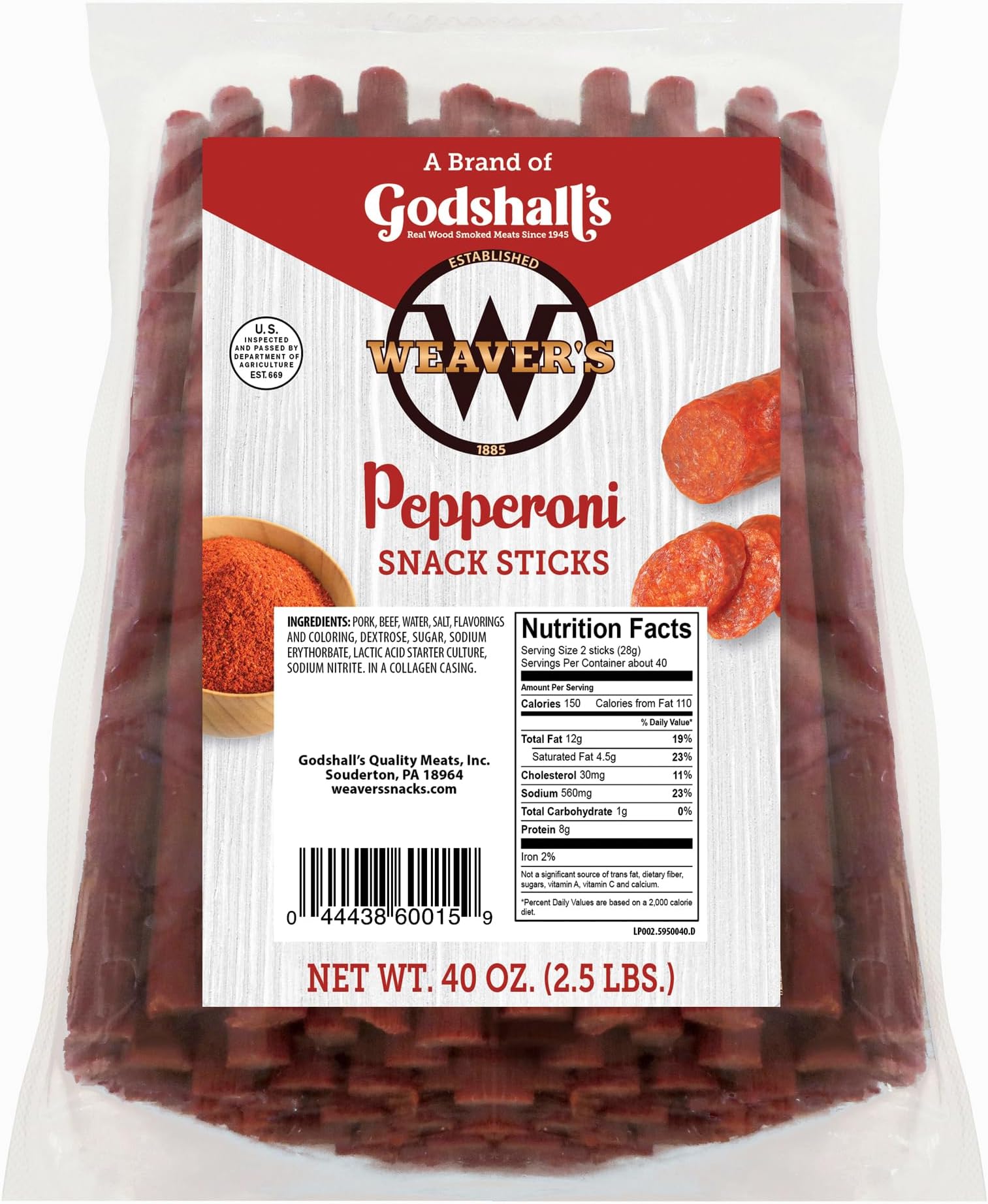 Weaver’s Pepperoni Snack Sticks (80 pepperoni flavored 7" pork snack sticks per 40oz bag)