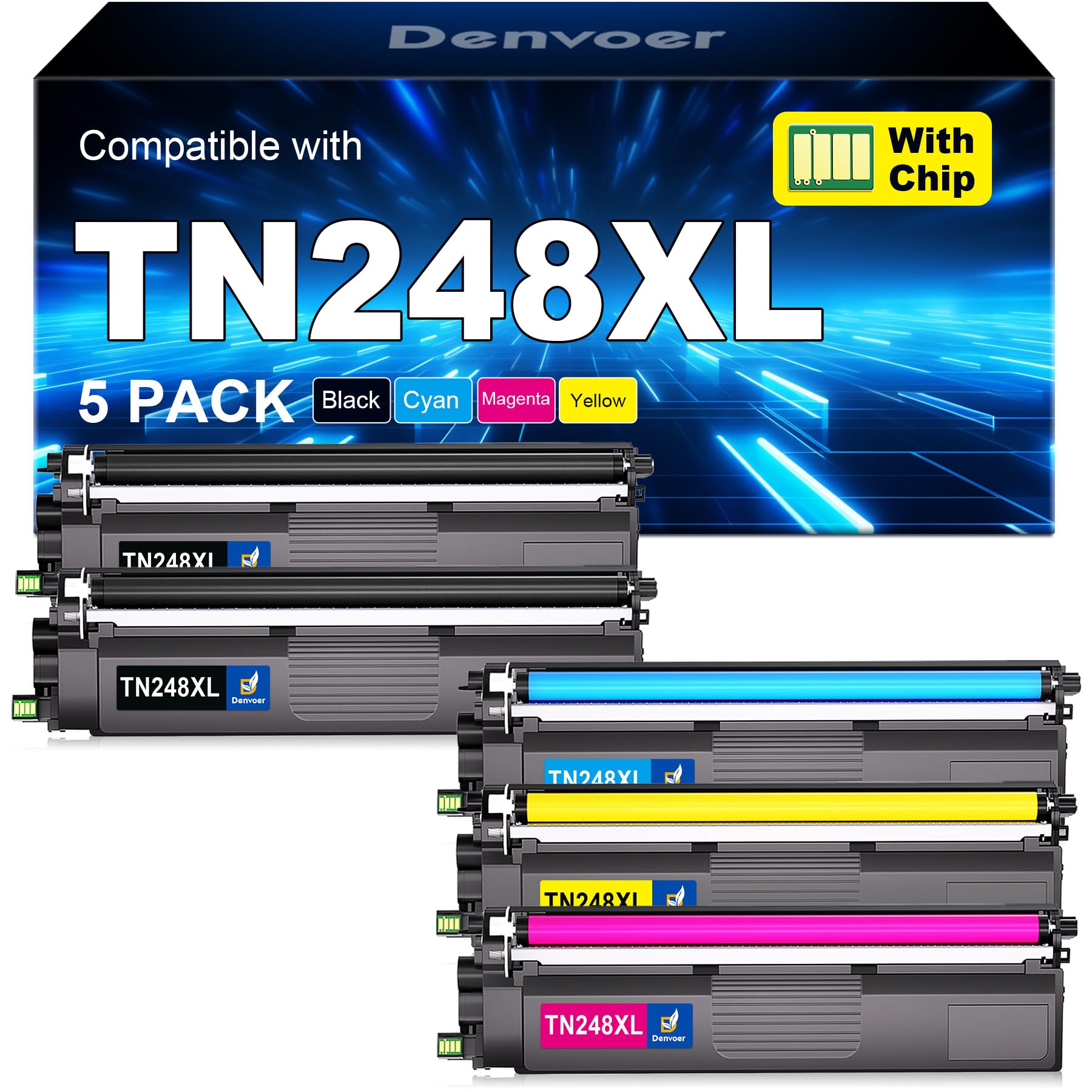 Denvoer TN248XL TN248 Kompatibel für Brother MFC-L3760CDW Toner Brother MFC-L3740CDW Toner Brother DCP-L3560CDW DCP-L3520CDWE HL-L3240CDW HL-L3220CWE (5er-Pack)