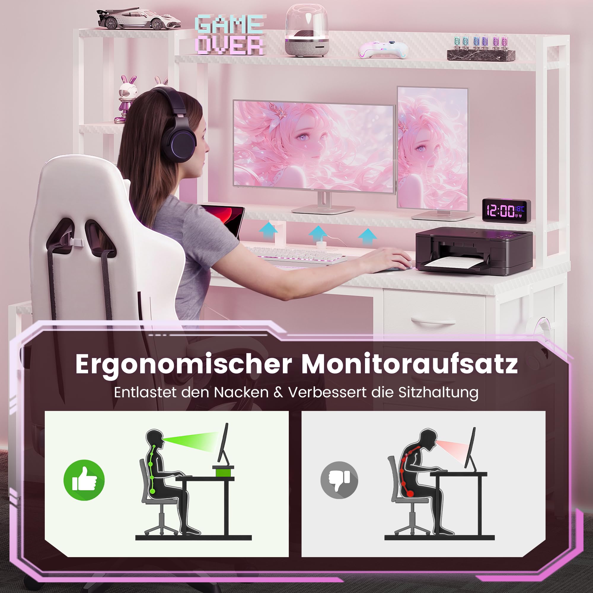 YOUDENOVA Biurko gamingowe z szufladami i regałem, 130 x 48 cm, stół gamingowy z diodami LED, gniazdkiem elektrycznym i USB, biurko komputerowe ze stojakiem na monitor, półką i uchwytem na słuchawki