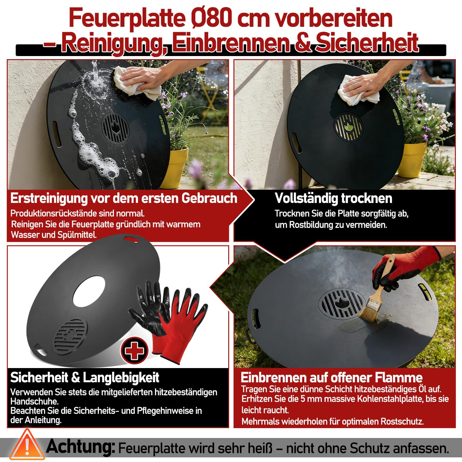 Carbonstahl Feuerplatte Ø 80 cm mit Grilleinsatz und Handschuhen, Grillplatte für Feuertonne und Feuerschale, Plancha Grillring für BBQ und Teppanyaki