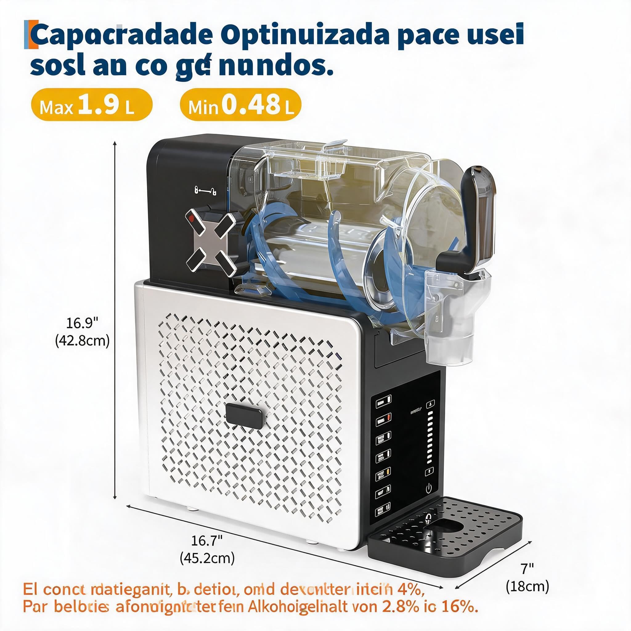 Máquina de granizados 1,9L - 5 programas automáticos - Pantalla LED - 200W, 120V/60Hz - Autolimpieza y bandeja de goteo 400ml - Funcionamiento silencioso (<45dB) - Mantiene bebidas frías hasta