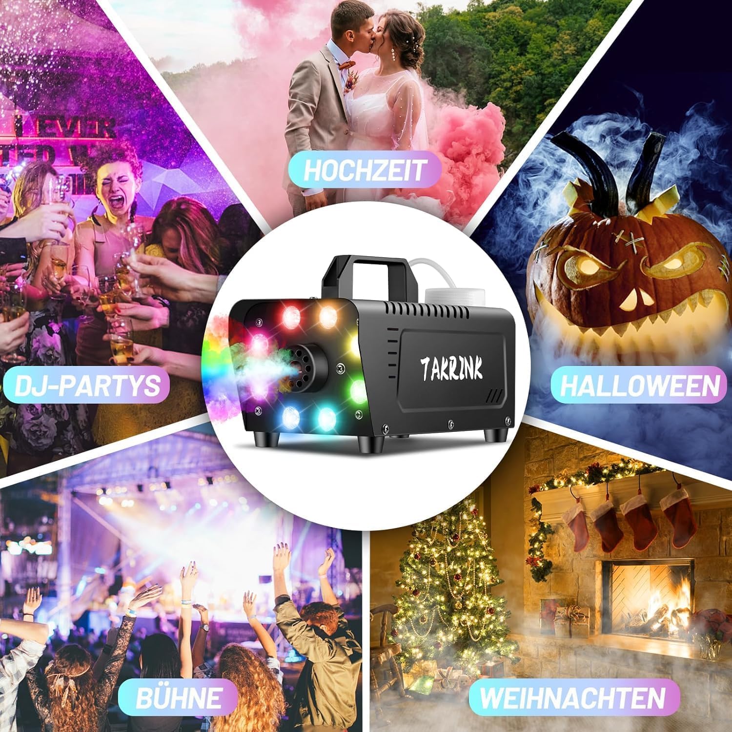 TAKRINK Nebelmaschine Rauchmaschine 900W Nebelmaschine 16 Farben RGB Lichteffekt Mini Nebelmaschine mit Fernbedienung für DJ Disco Party, Hochzeit, Halloween, Weihnachten