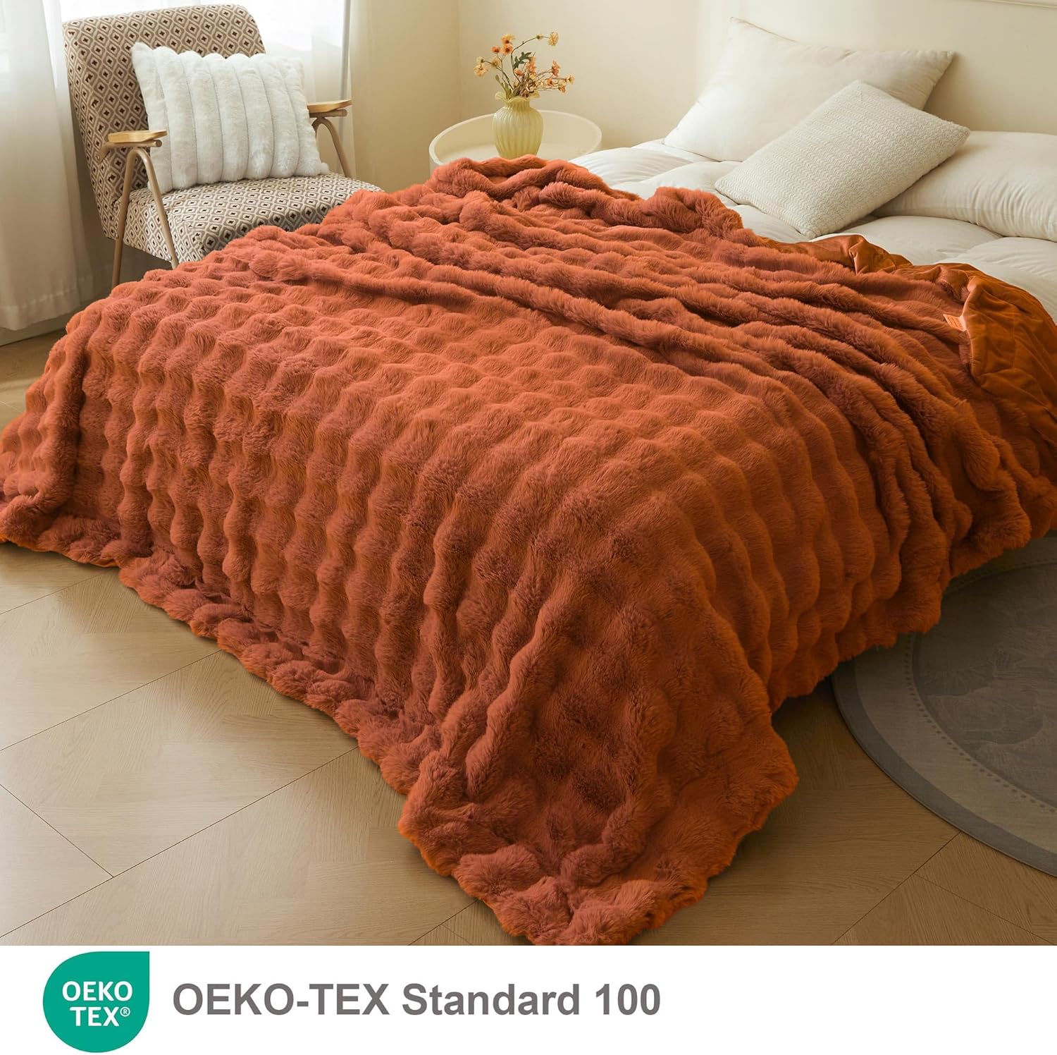 LIFEREVO Luxury Faux Rabbit Fur Queen Size Blanket for Bed, Soft Cozy and Plush Thick Waffle Big Bubble Blanket for All Season, Cute Fuzzy Throw Home Decor for Adults Kids, 90x90, Burnt Orange - Image 2