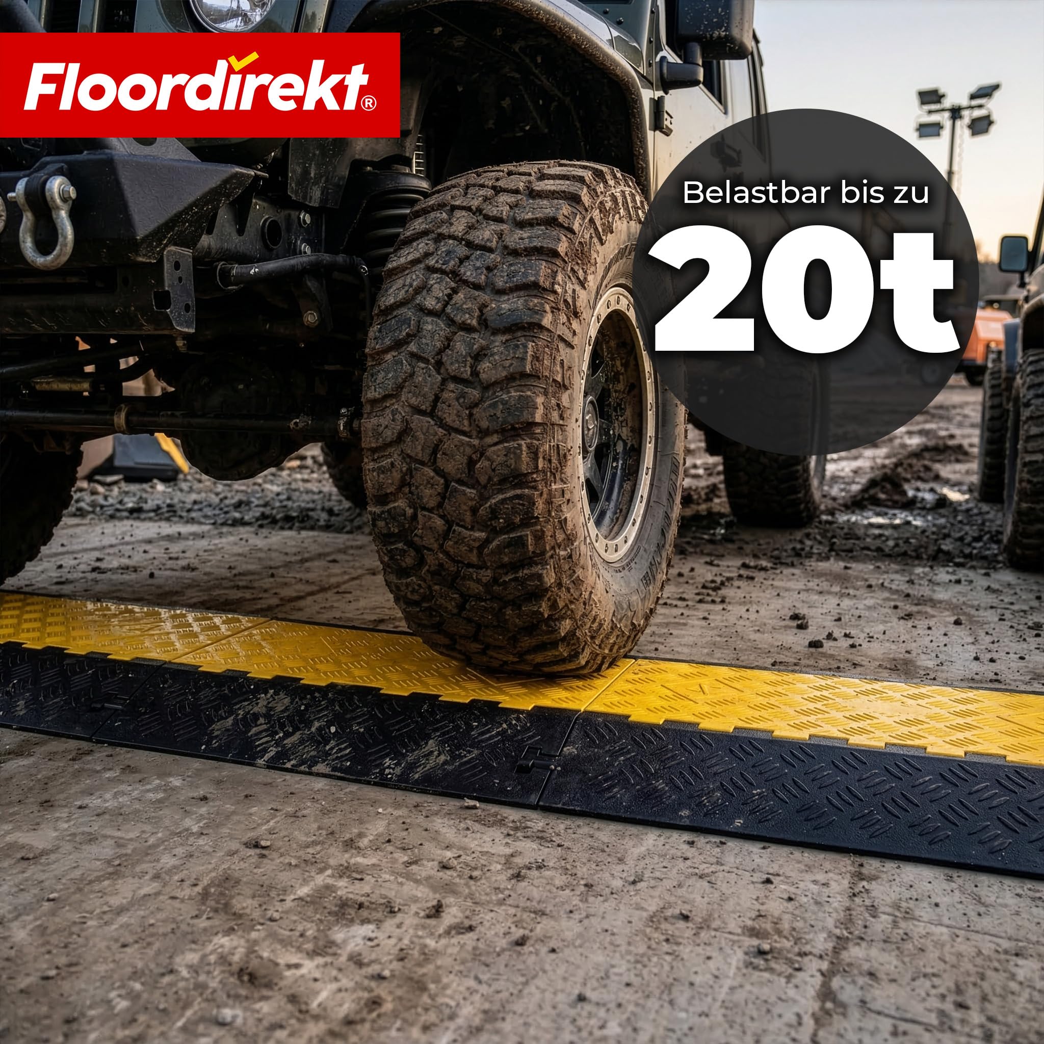 Floordirekt Kabelschutzmatte - Bis 20 Tonnen - Überfahrschutz für Kabel, Kabelbrücke aus Gummi für Parkplätze, Lagerhäuser (Schwarz-Gelb, 2 Kanäle 90 x 61,5 x 10,5 cm - Torus)
