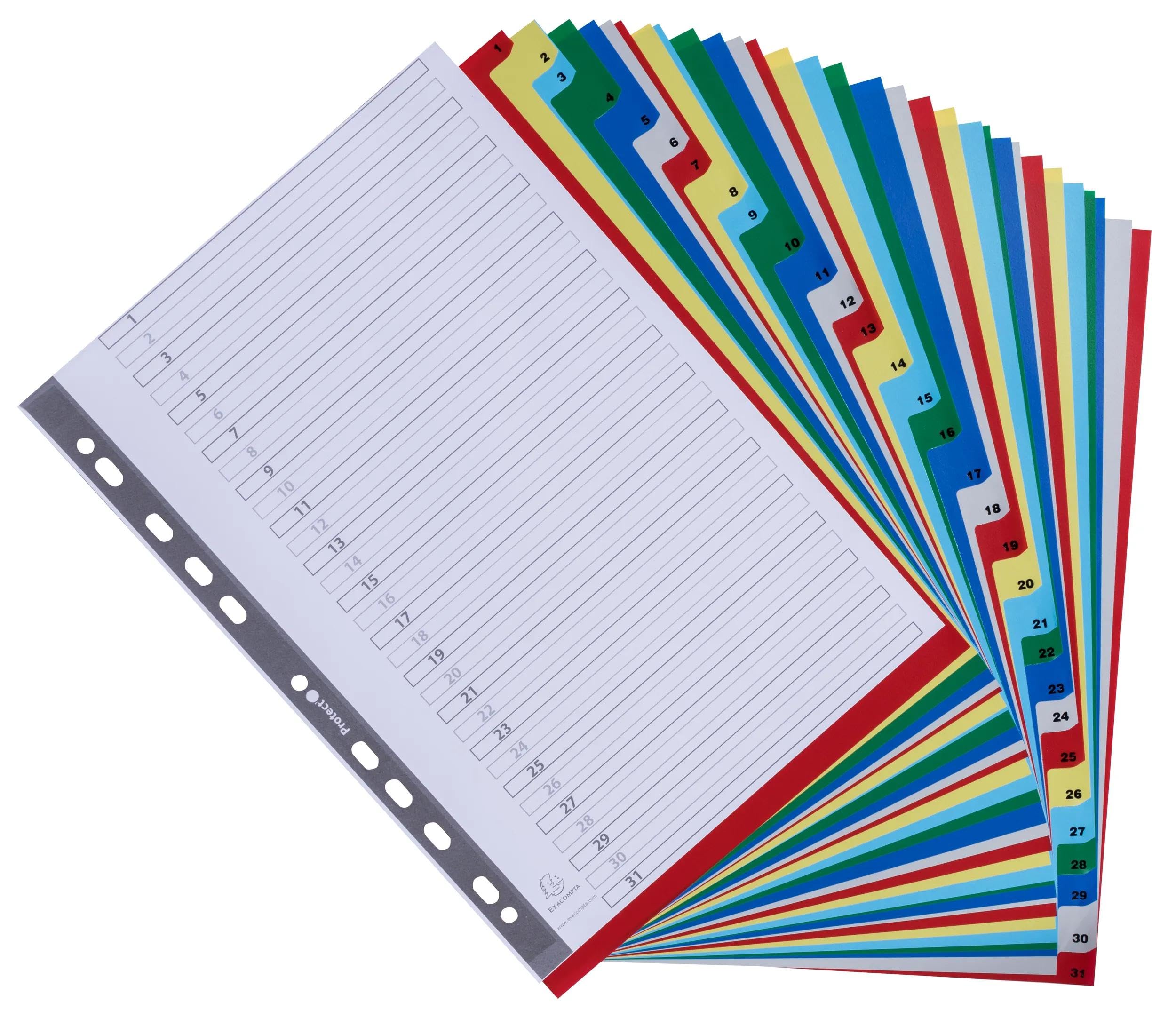 Exacompta - Art.-Nr. 93E – Karton mit 20 Registern aus Polypropylen mit 31 digital bedruckten Registern von 1 bis 31 in Farbe – Indexierseite – Format A4 – 22,5 x 29,7 cm