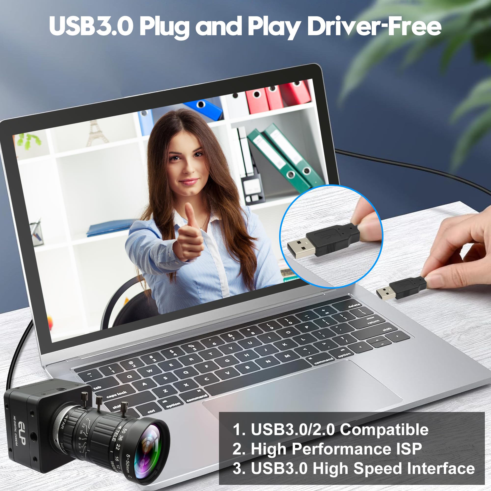 ELP Fotocamera da 12 MP USB 3.0, 4K a 30 fps, 1080p a 230 fps, alta frequenza fotogrammi UVC con obiettivo zoom 10X da 5-50 mm, Plug & Play per applicazioni industriali, sorveglianza e stampa 3D