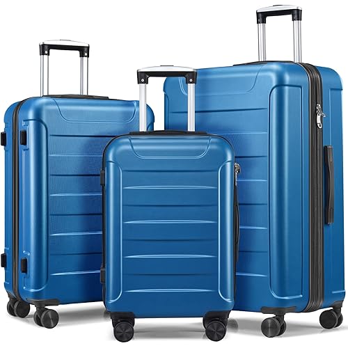 Hardside Luggage Sets, 3 Piece Luggage with Double Spinner Wheels, 20/24/28 Travel Suitcase, Light Blue